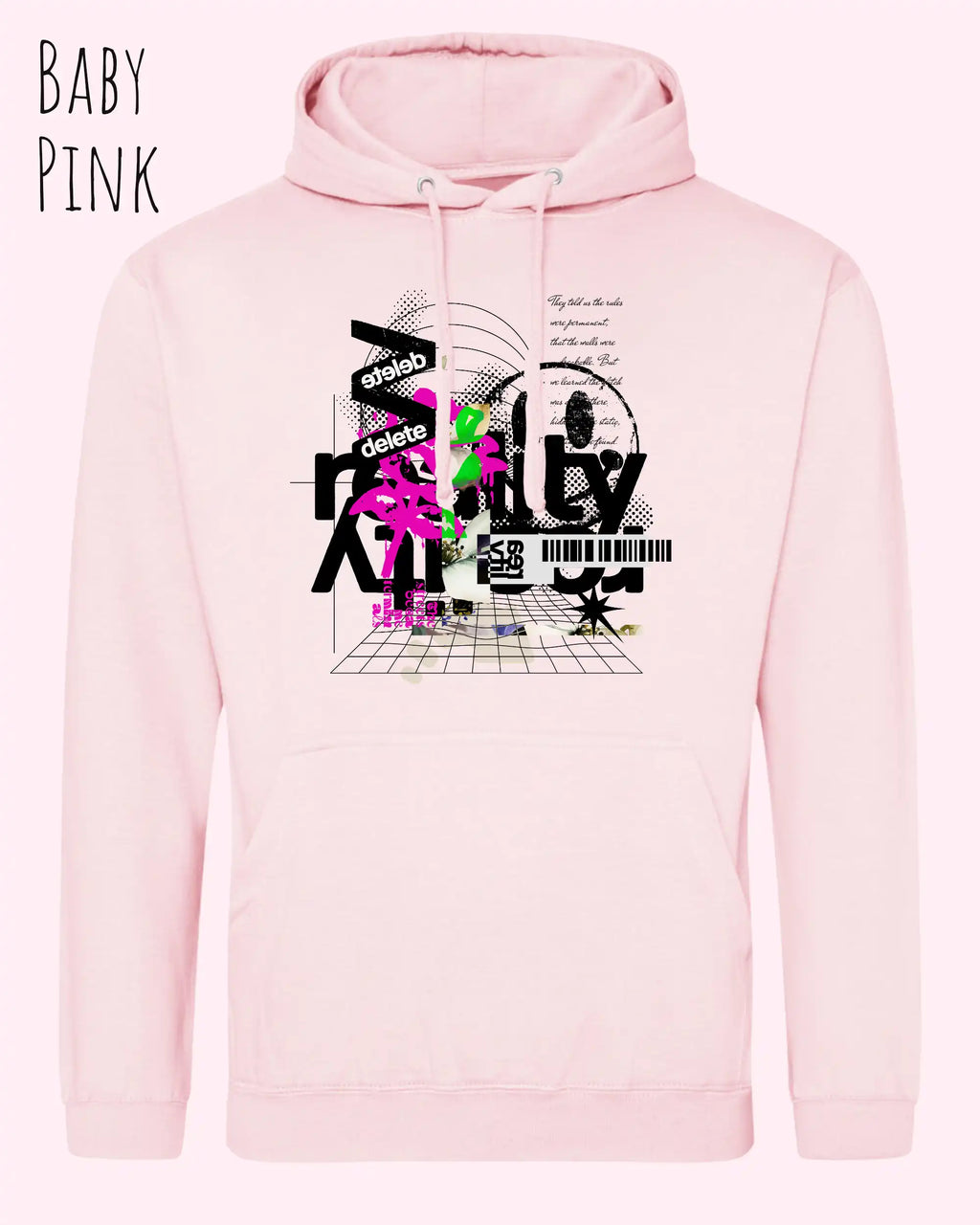 unisex basic hoodie baby pink aus weicher baumwollmischung mit delete reality design