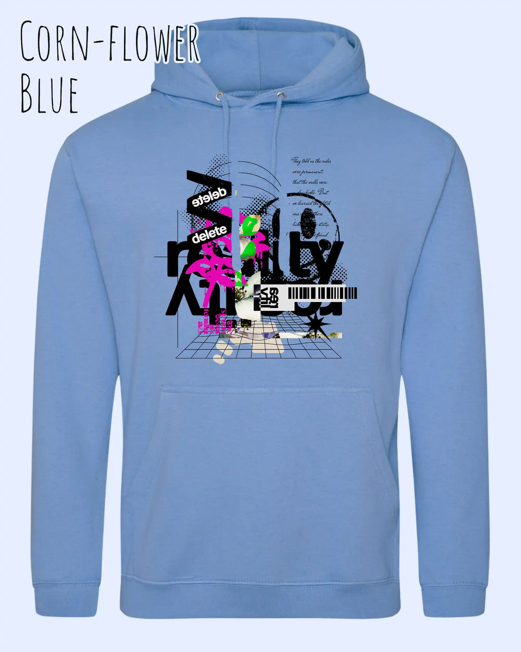 unisex basic hoodie cornflower blue aus weicher baumwollmischung mit delete reality design