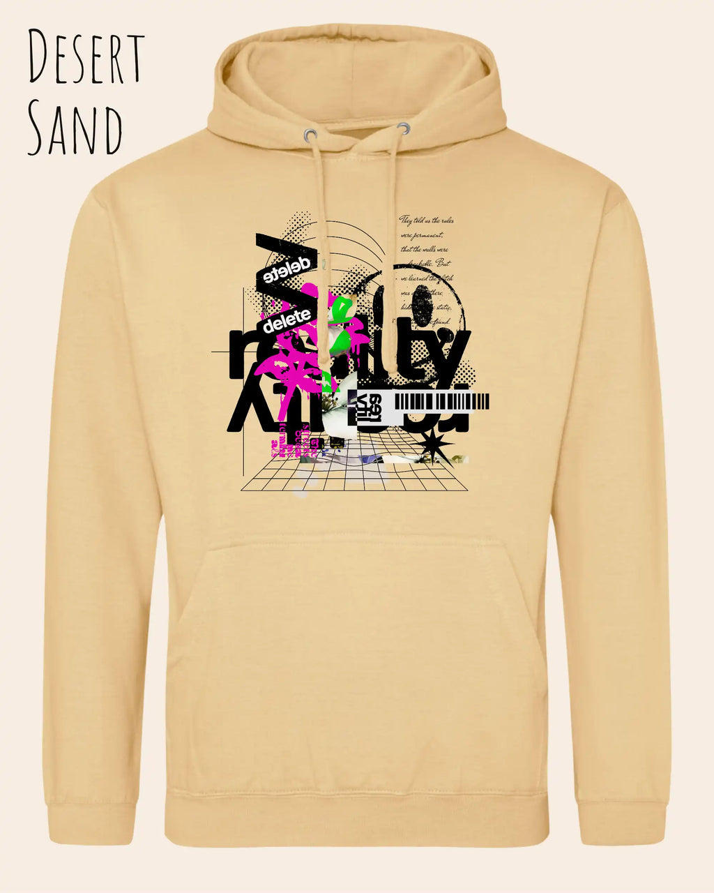 unisex basic hoodie desert sand aus weicher baumwollmischung mit delete reality design