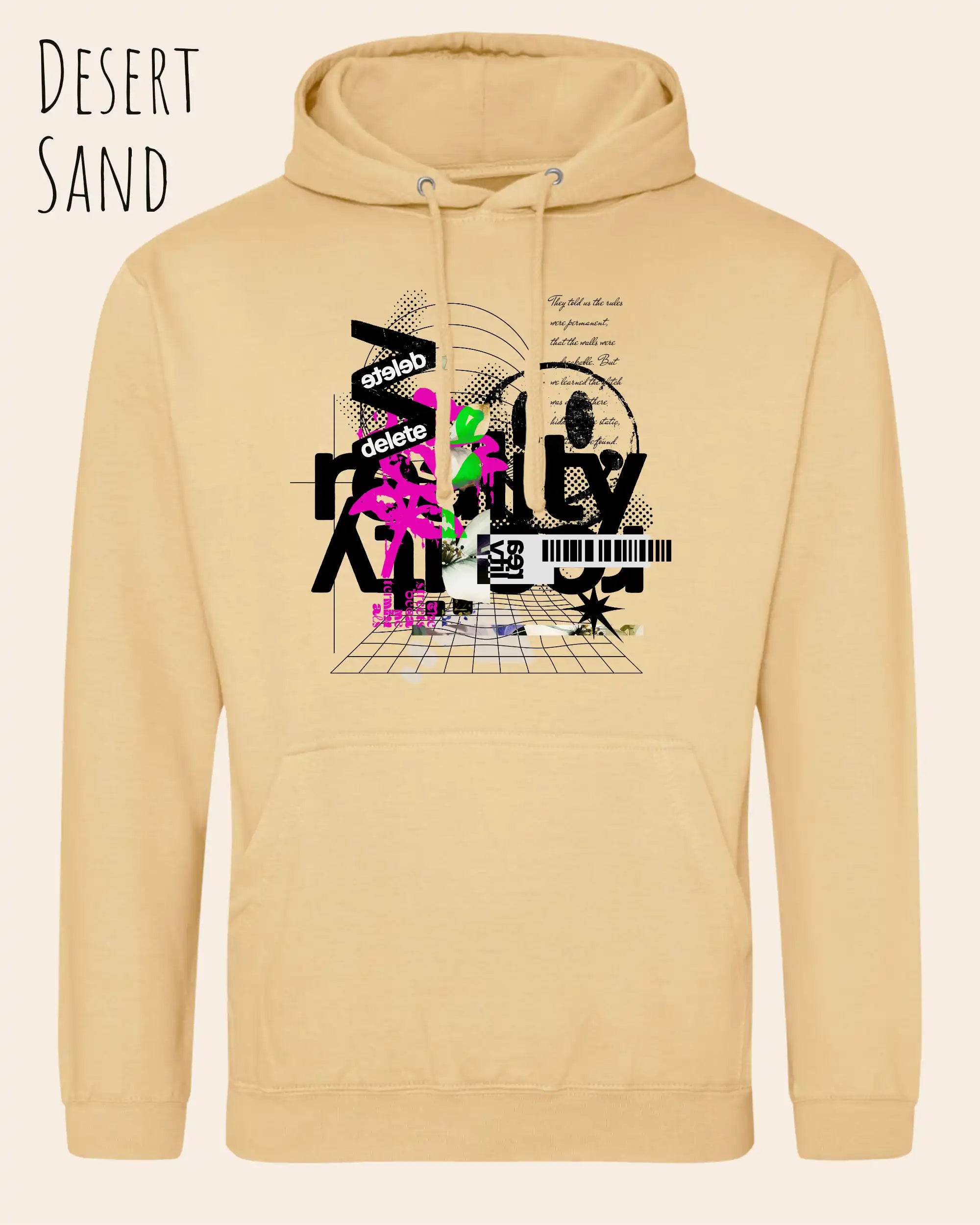 unisex basic hoodie desert sand aus weicher baumwollmischung mit delete reality design