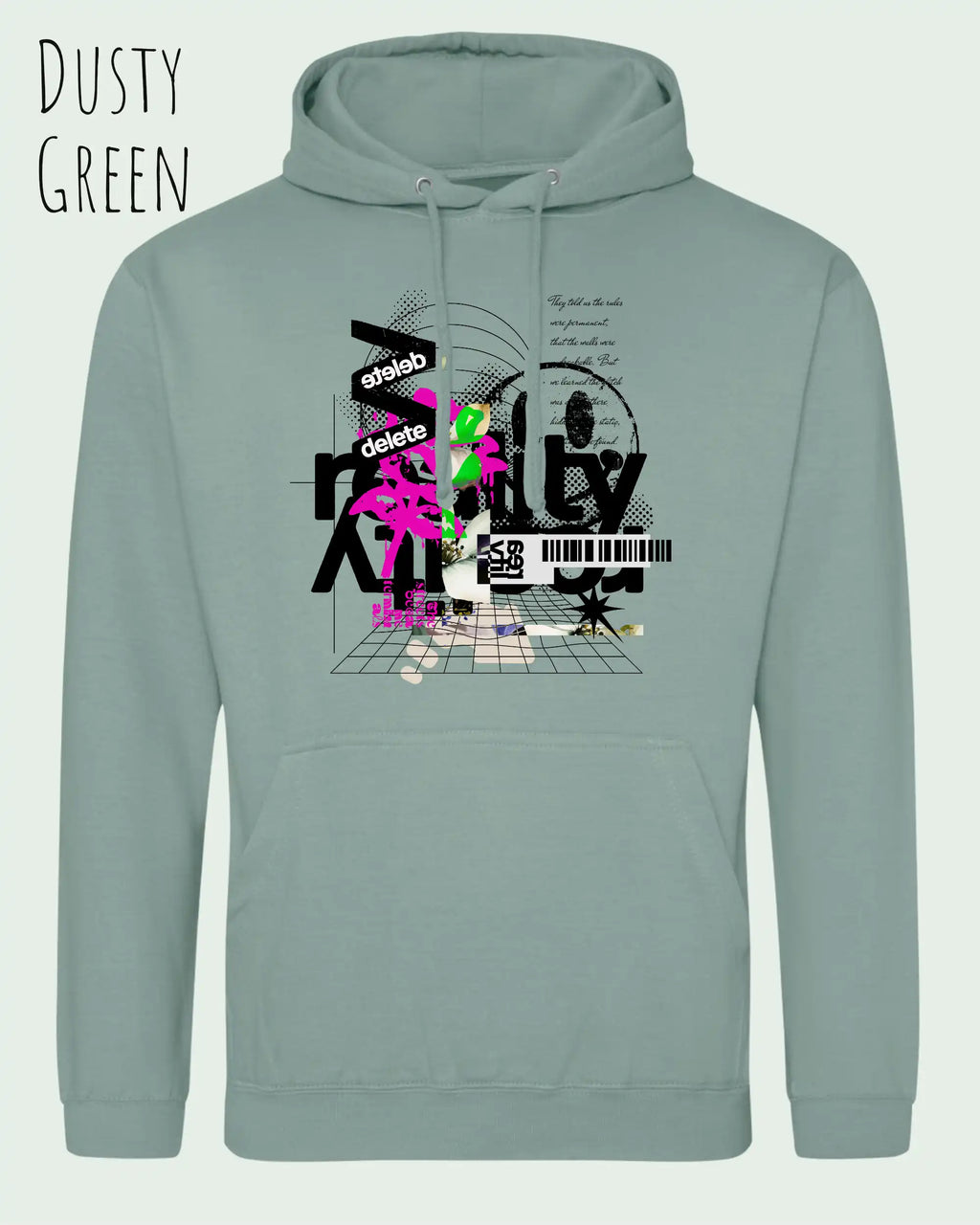 unisex basic hoodie dusty green aus weicher baumwollmischung mit delete reality design