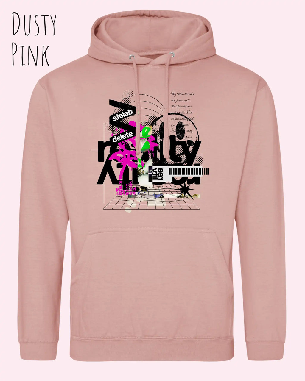 unisex basic hoodie dusty pink aus weicher baumwollmischung mit delete reality design