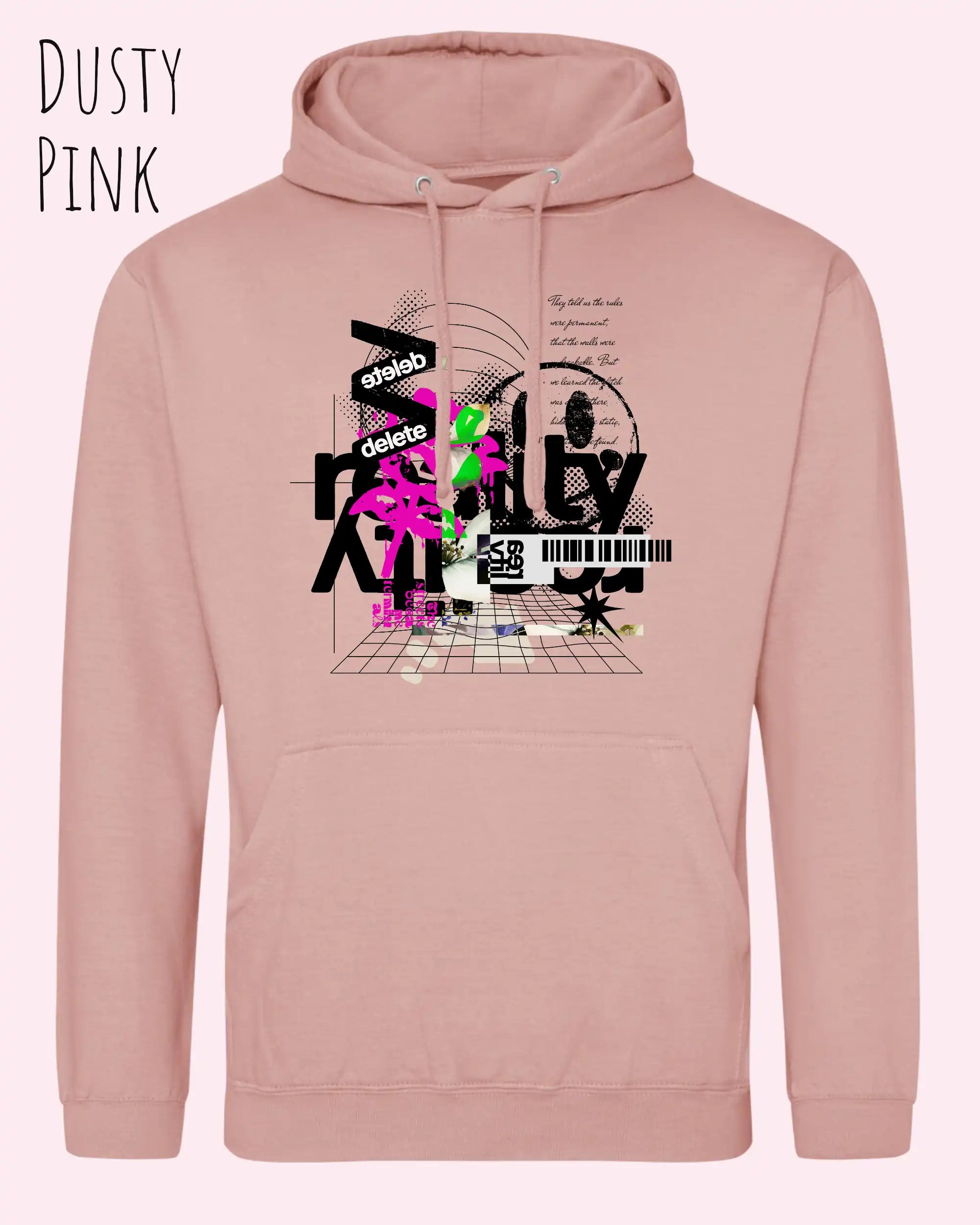 unisex basic hoodie dusty pink aus weicher baumwollmischung mit delete reality design