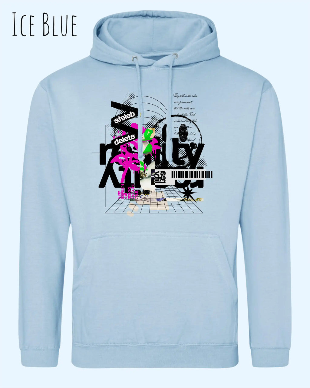 unisex basic hoodie ice blue aus weicher baumwollmischung mit delete reality design