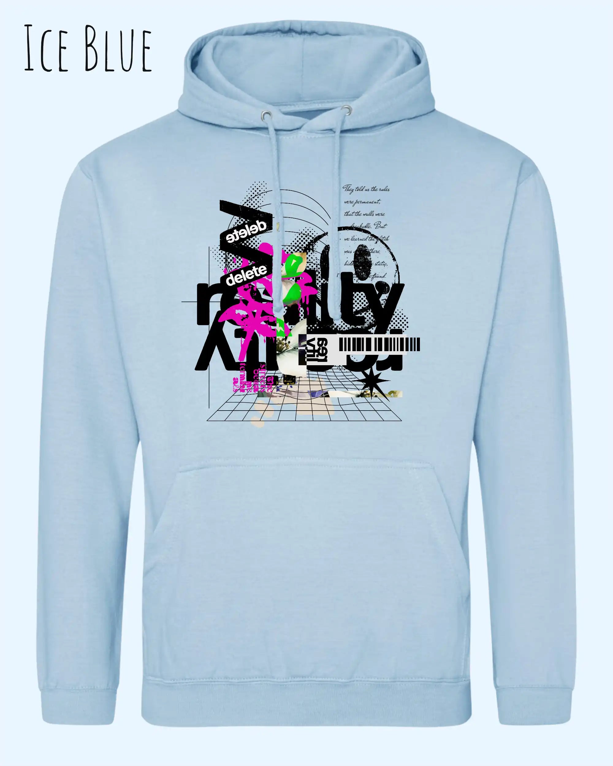 unisex basic hoodie ice blue aus weicher baumwollmischung mit delete reality design