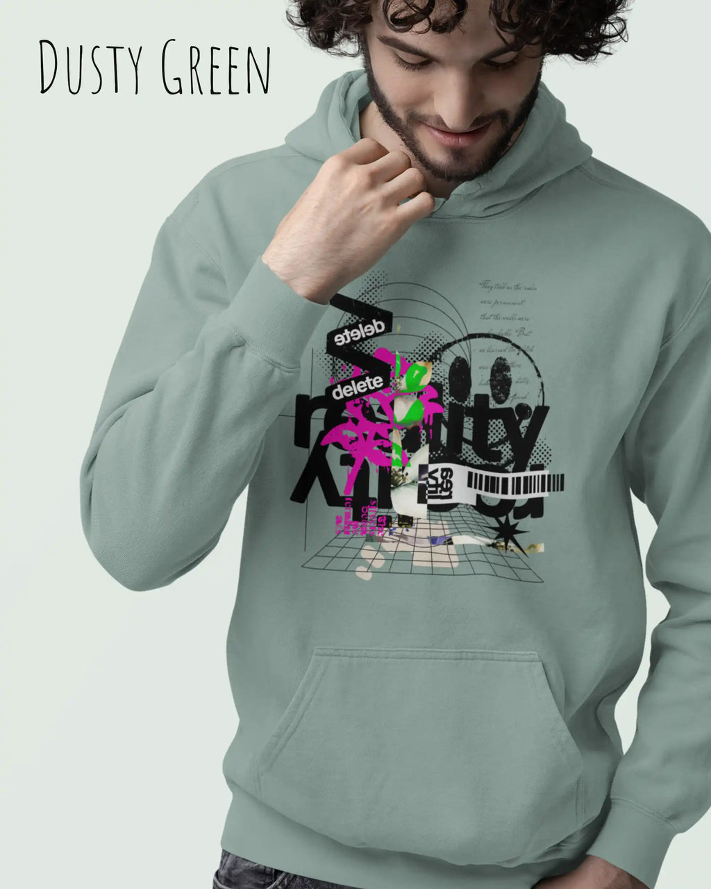 Mann trägt basic hoodie aus weicher baumwollmischung in farbe dusty green mit delete reality motiv auf der Brust