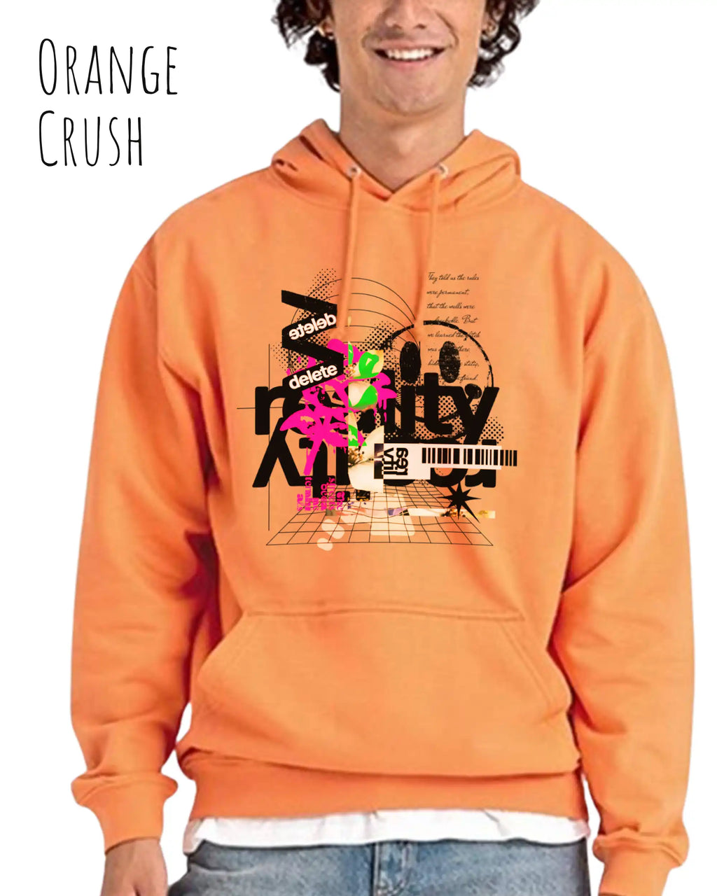 Mann trägt basic hoodie aus weicher baumwollmischung in farbe orange crush mit delete reality motiv auf der Brust