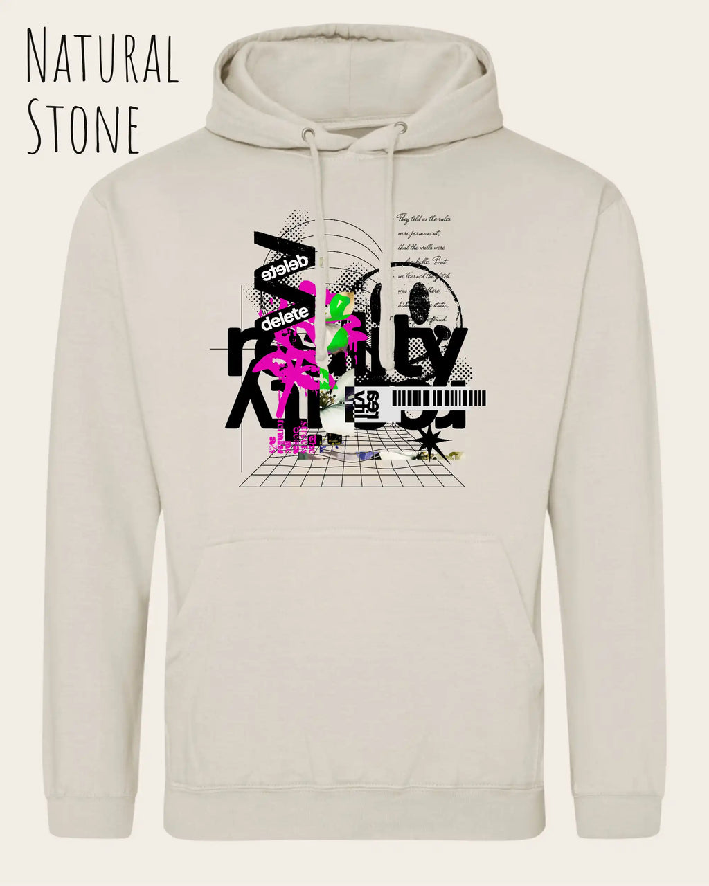 unisex basic hoodie natural stone aus weicher baumwollmischung mit delete reality design