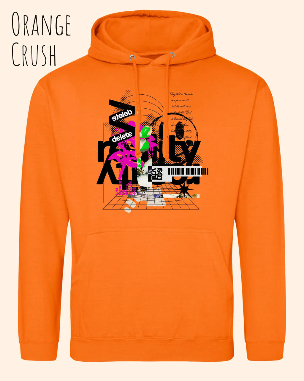 unisex basic hoodie orange crush aus weicher baumwollmischung mit delete reality design