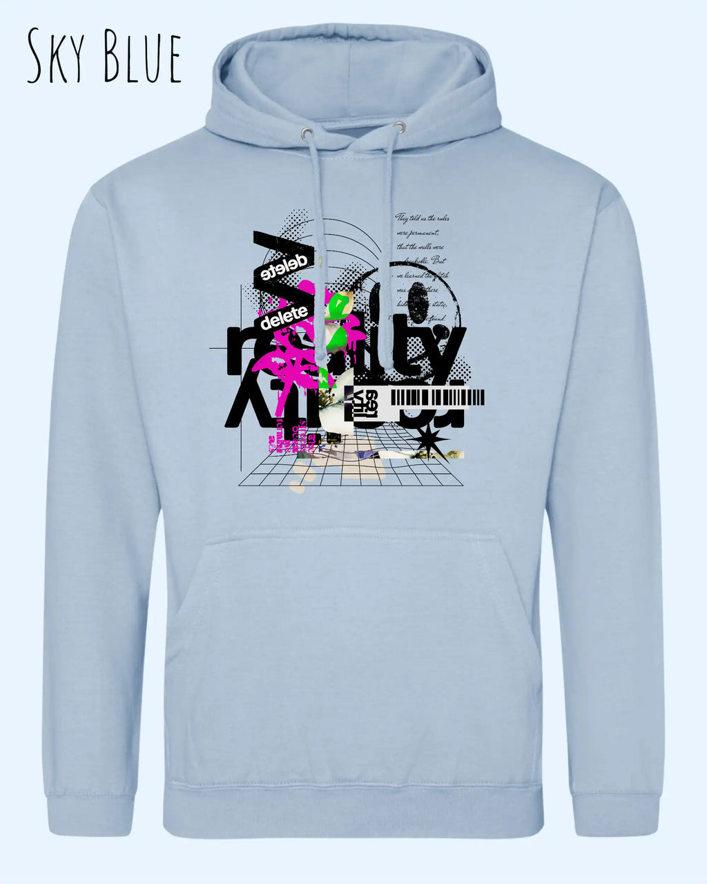 unisex basic hoodie sky blue aus weicher baumwollmischung mit delete reality design
