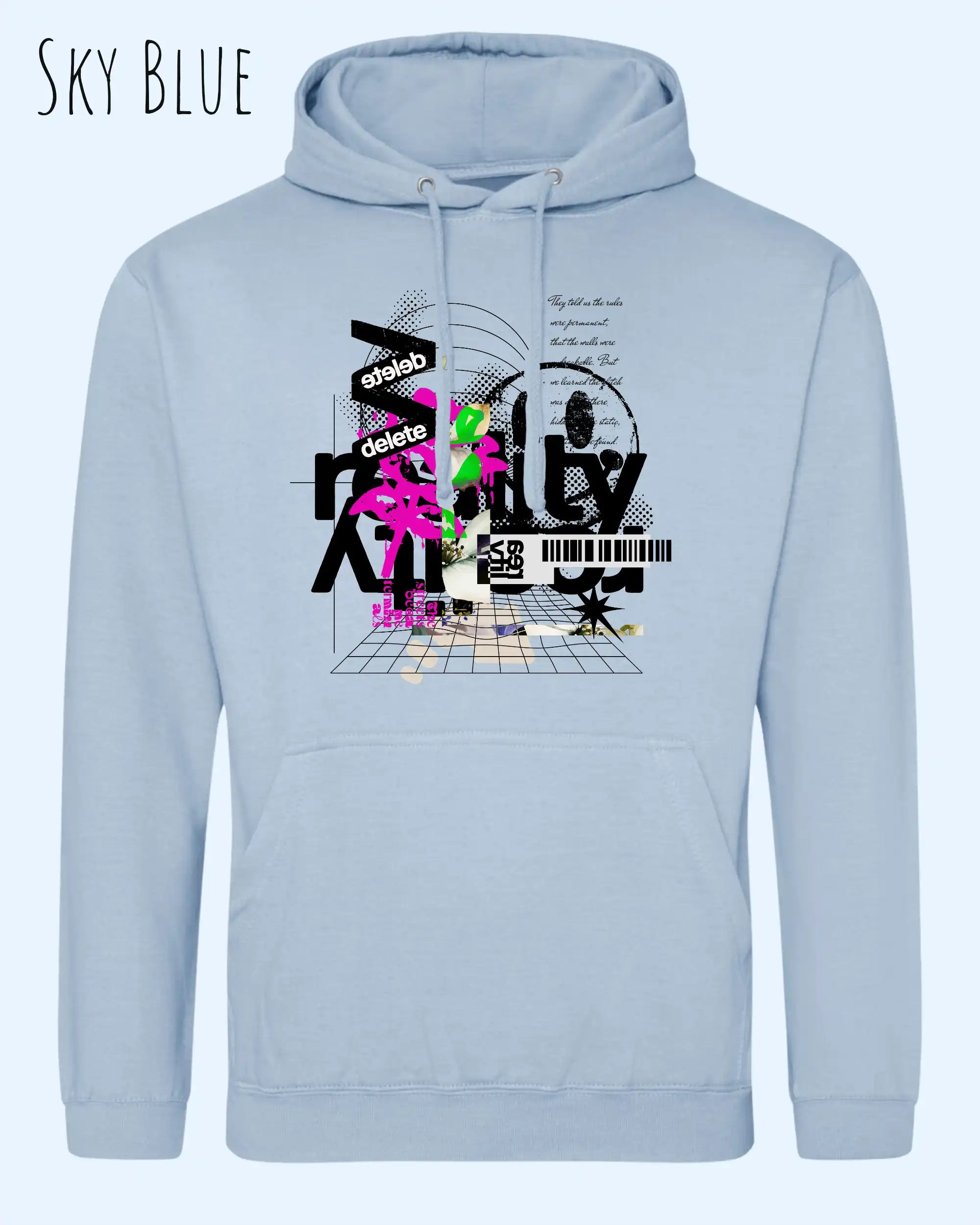 unisex basic hoodie sky blue aus weicher baumwollmischung mit delete reality design
