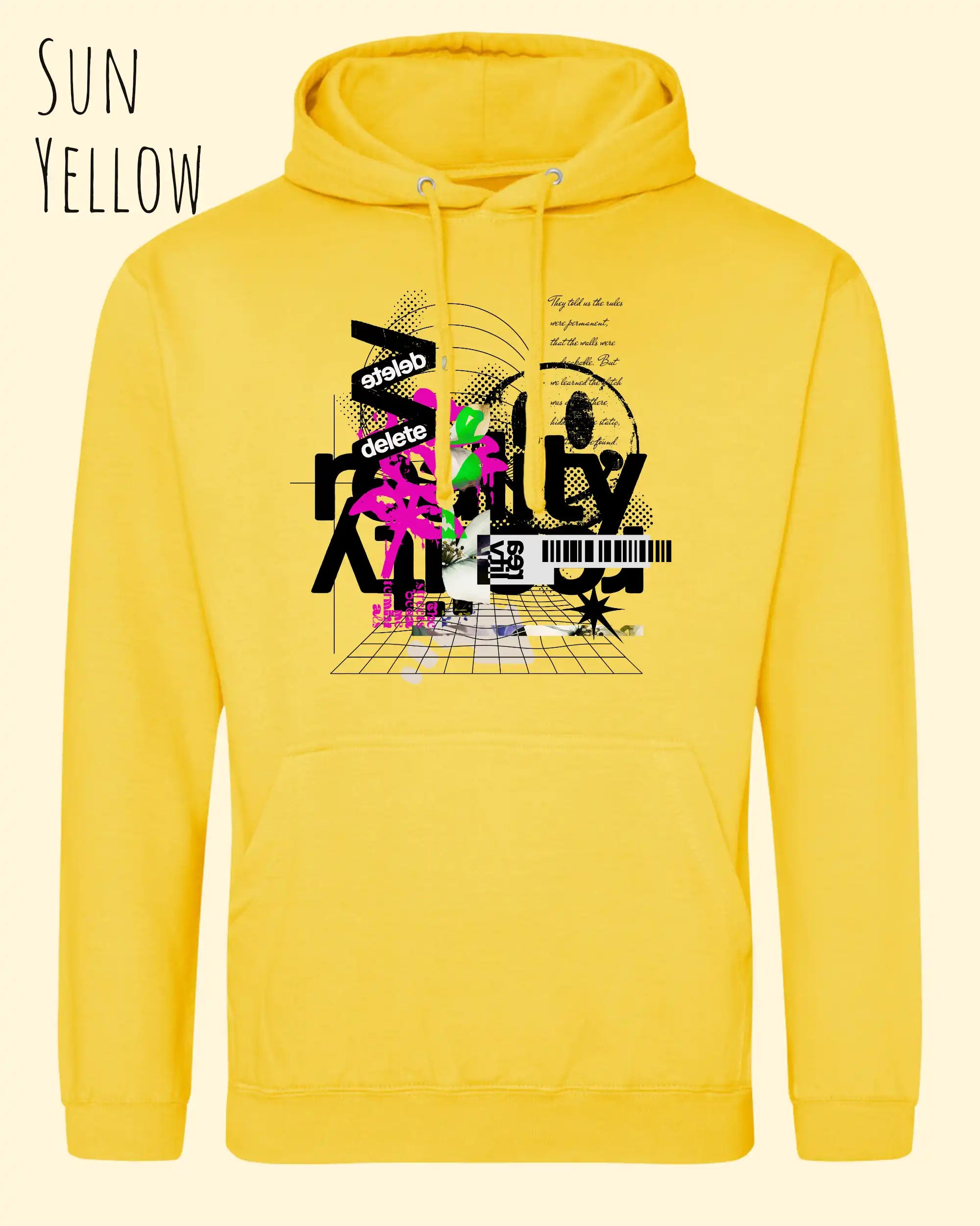 unisex basic hoodie sun yellow aus weicher baumwollmischung mit delete reality design