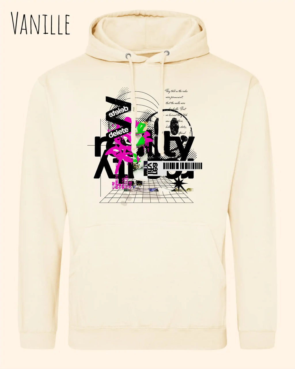 unisex basic hoodie vanille aus weicher baumwollmischung mit delete reality design