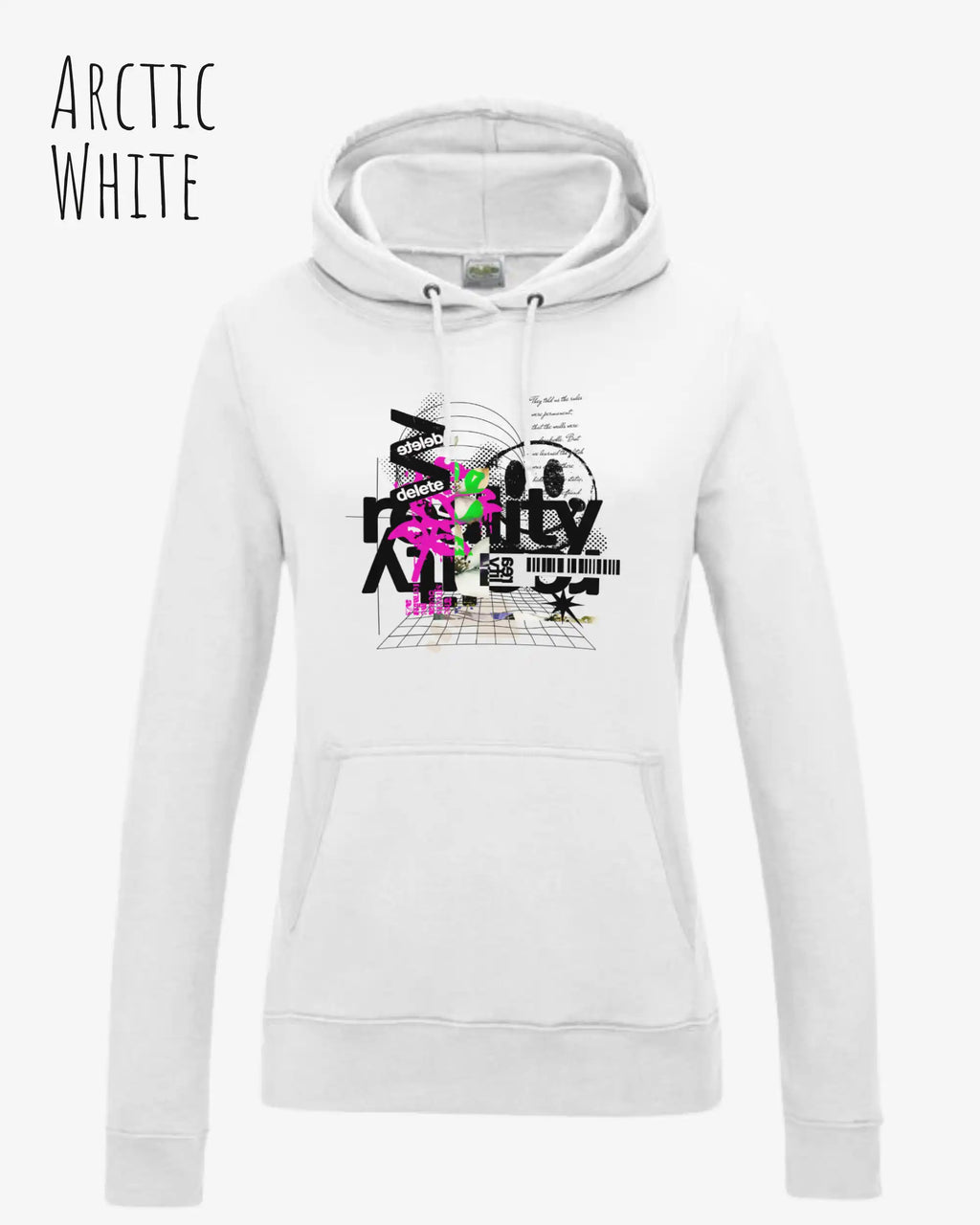 damen hoodie arctic white im feminine fit aus weicher baumwollmischung mit design delete reality
