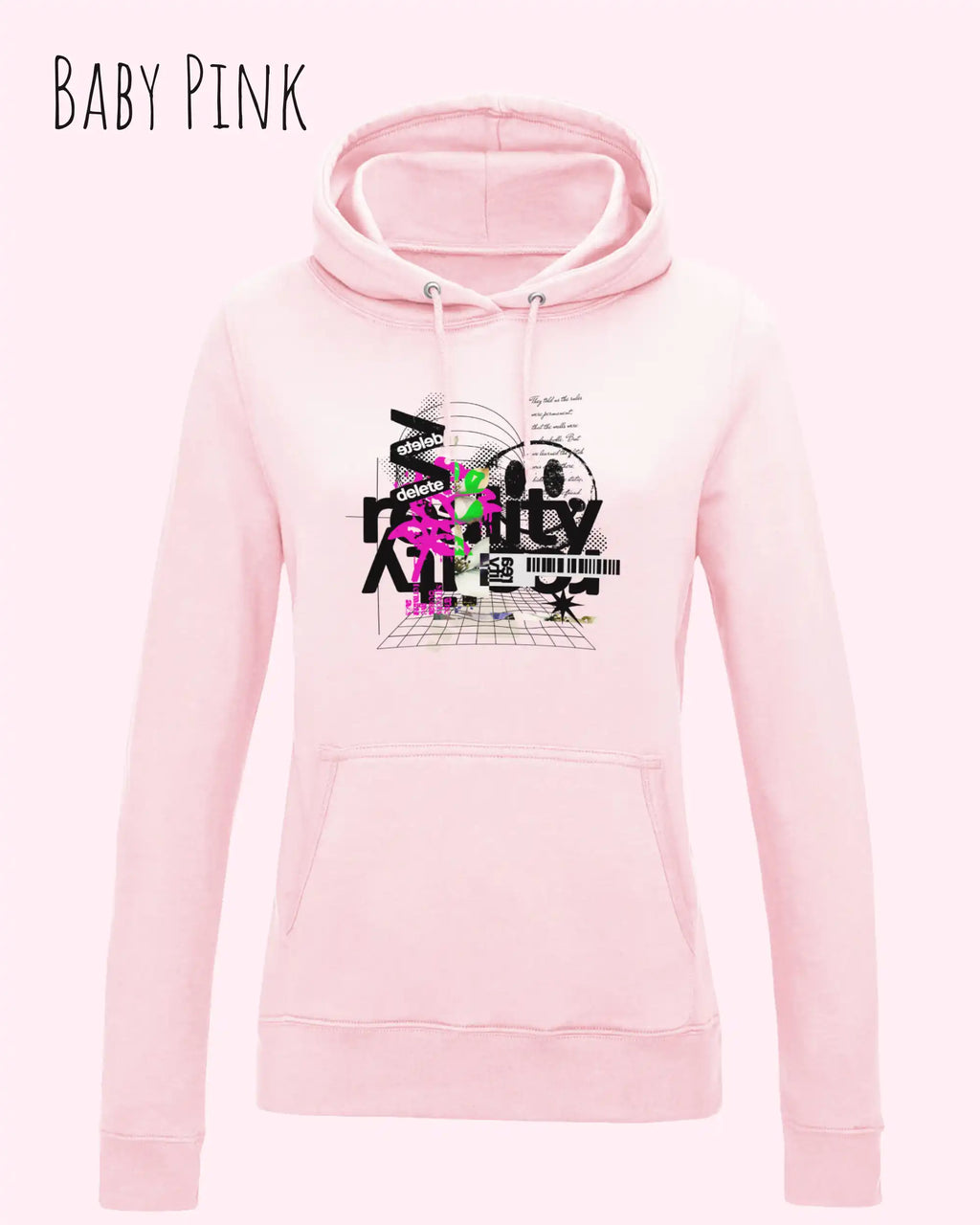 damen hoodie baby pink im feminine fit aus weicher baumwollmischung mit design delete reality