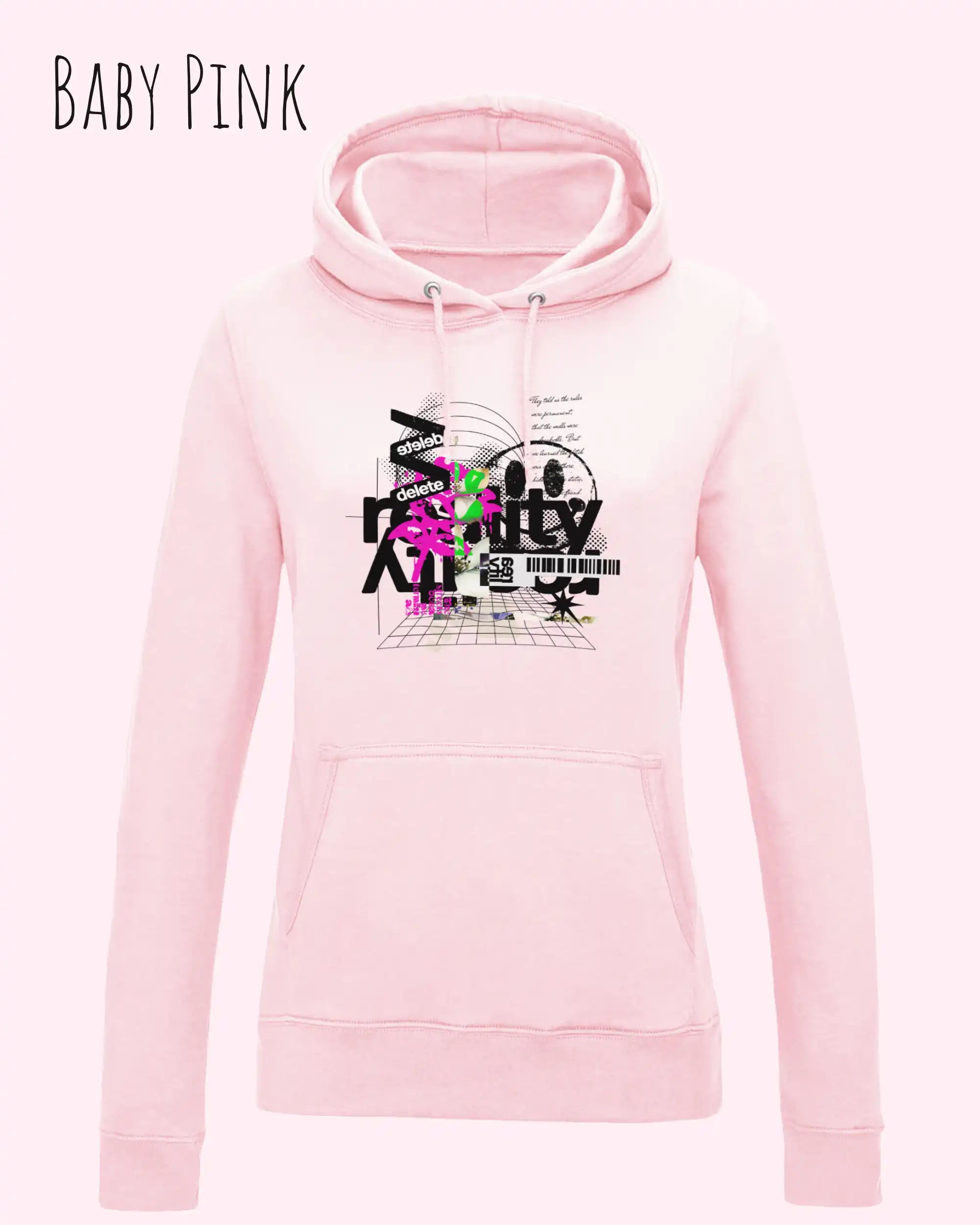 damen hoodie baby pink im feminine fit aus weicher baumwollmischung mit design delete reality