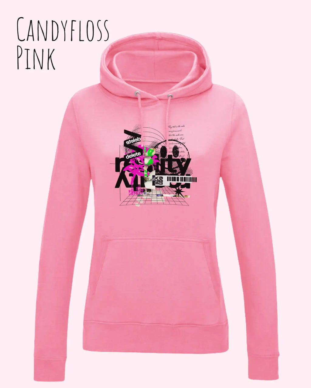 damen hoodie candyfloss pink im feminine fit aus weicher baumwollmischung mit design delete reality