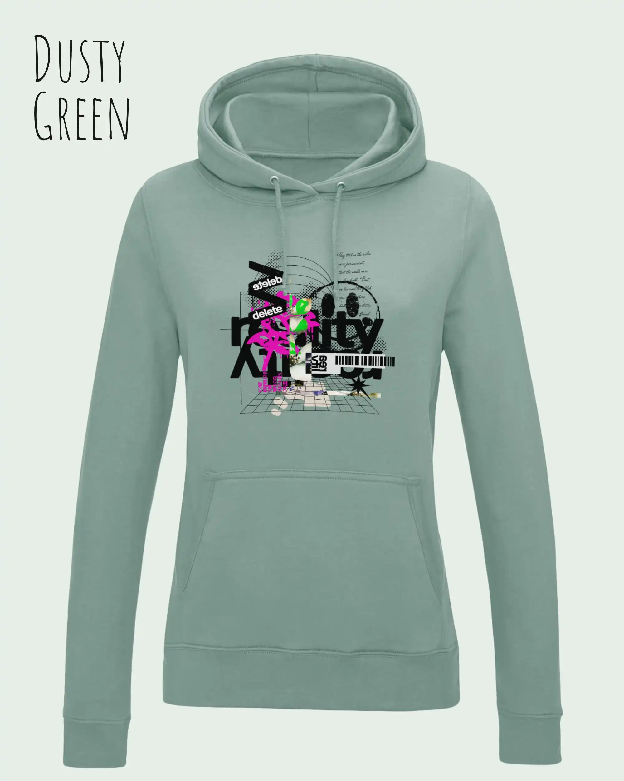 damen hoodie dusty green im feminine fit aus weicher baumwollmischung mit design delete reality