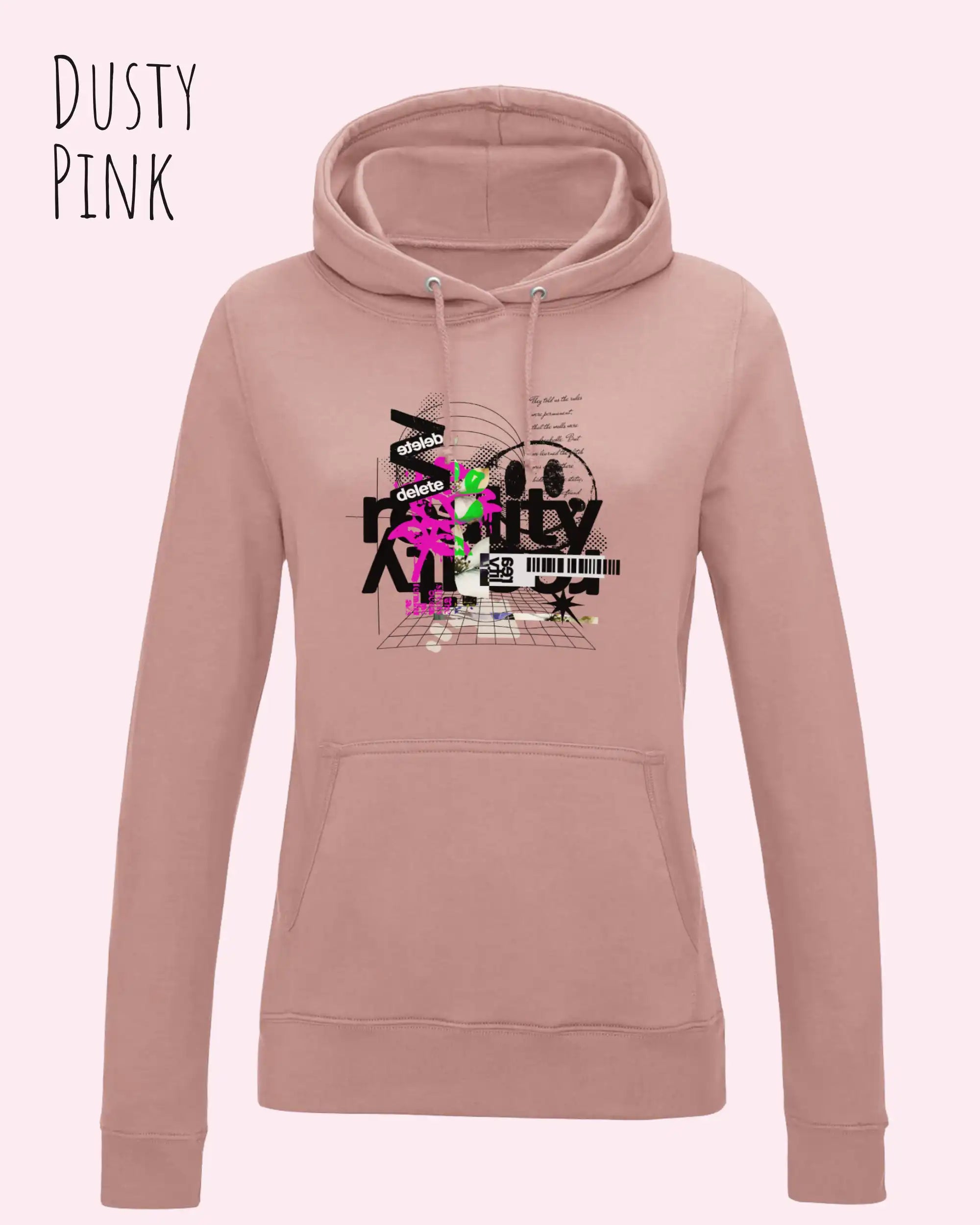 damen hoodie dusty pink im feminine fit aus weicher baumwollmischung mit design delete reality
