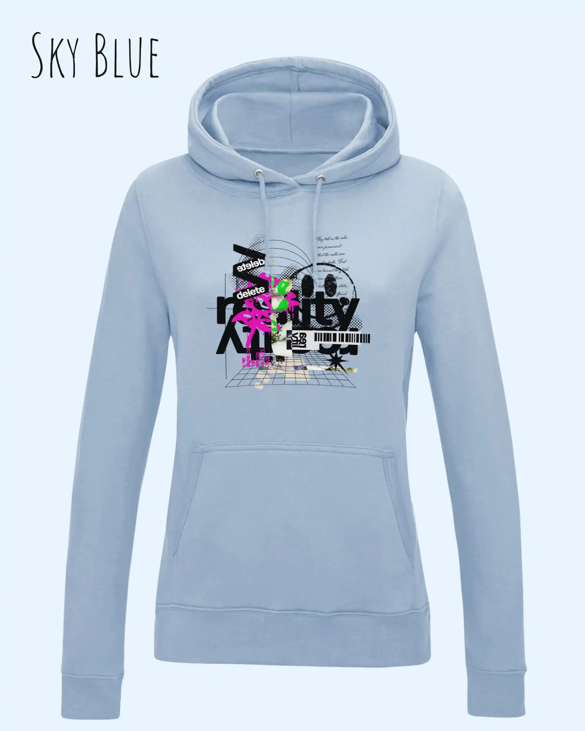 damen hoodie sky blue im feminine fit aus weicher baumwollmischung mit design delete reality