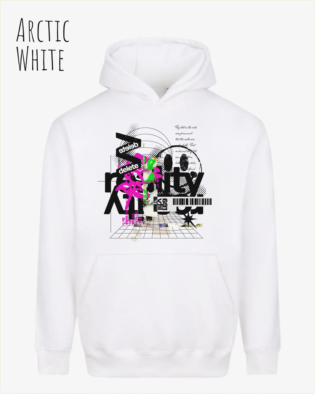 nisex streetwear hoodie arctic white im oversize fit mit design delete reality