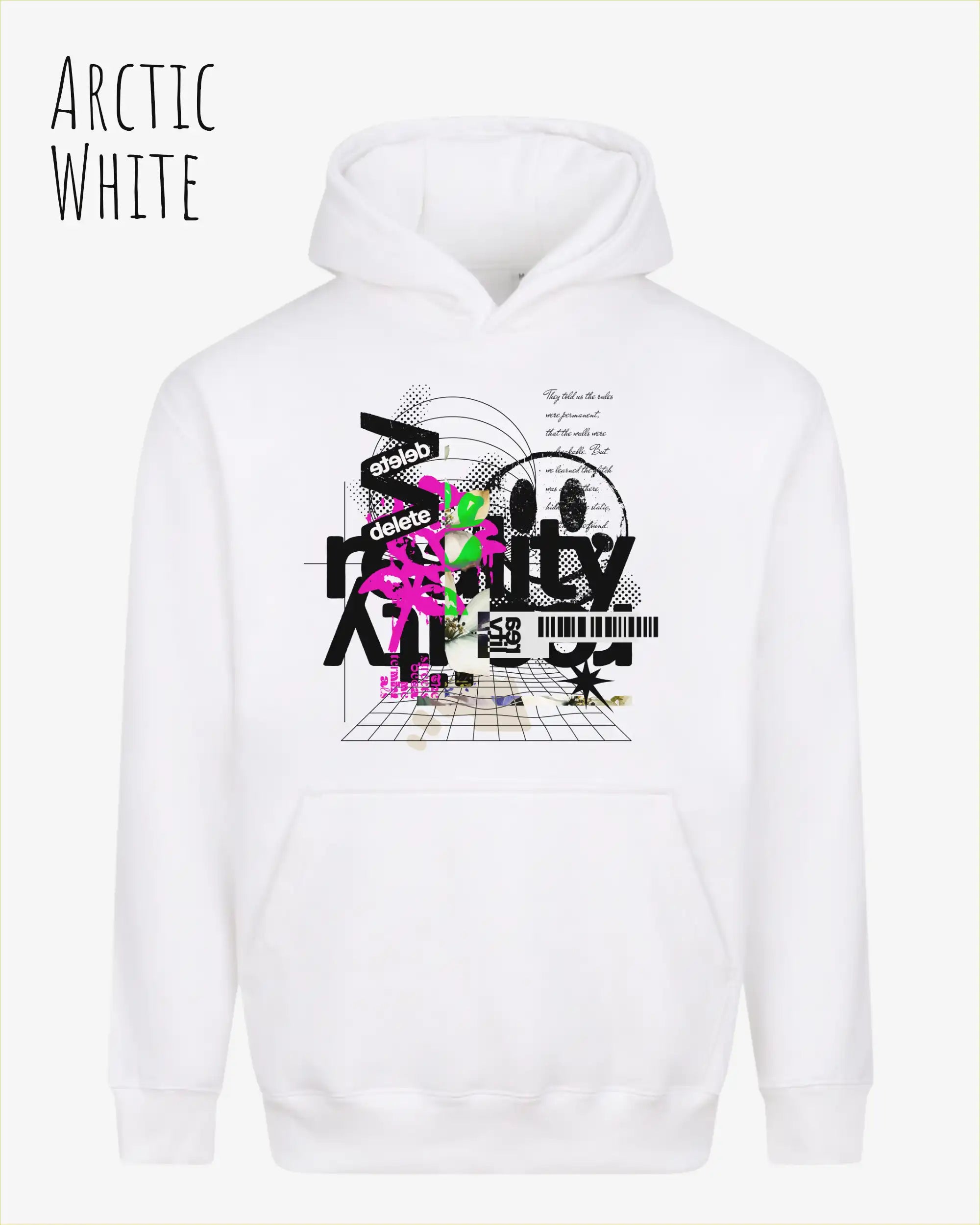 nisex streetwear hoodie arctic white im oversize fit mit design delete reality