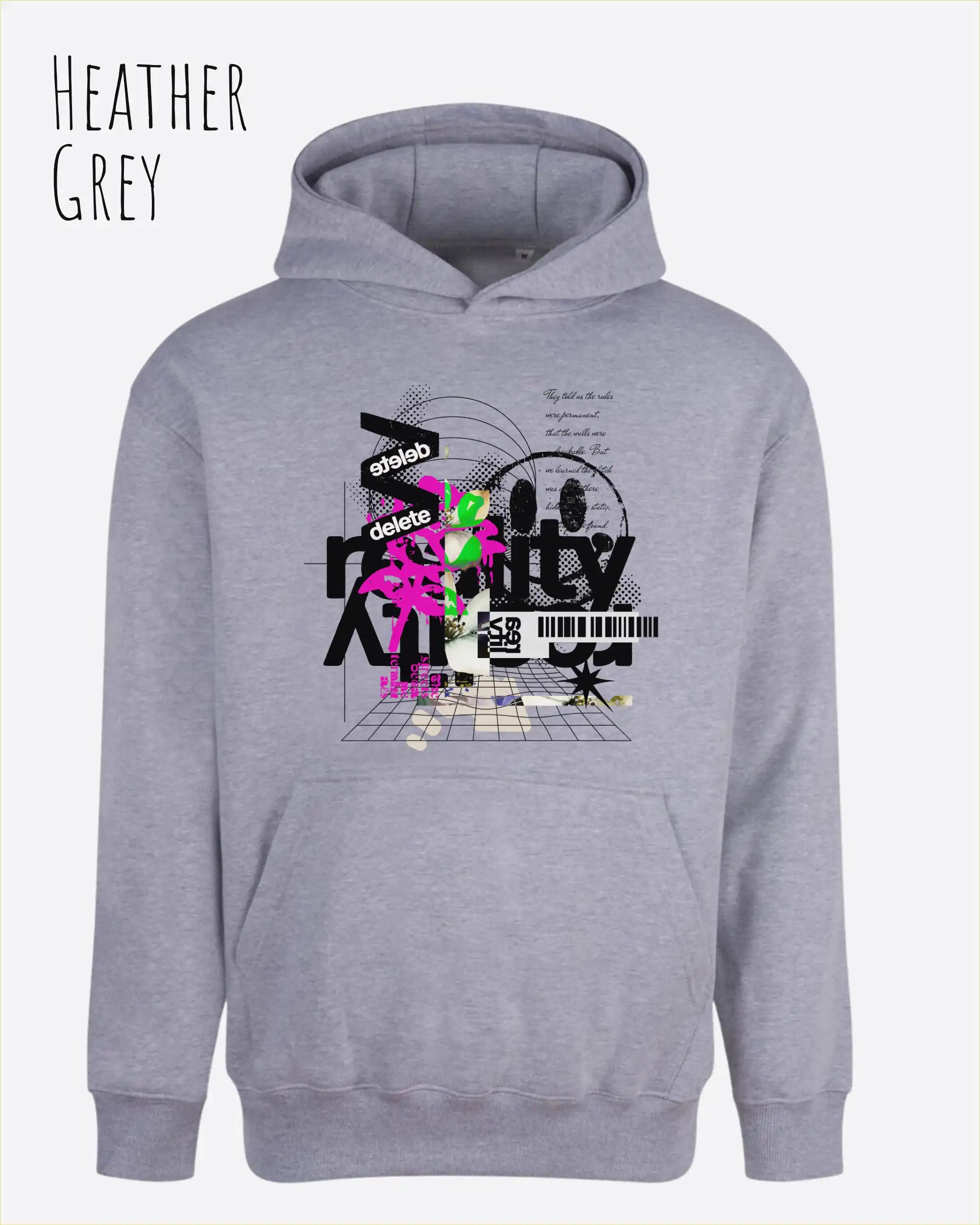 nisex streetwear hoodie heather grey im oversize fit mit design delete reality