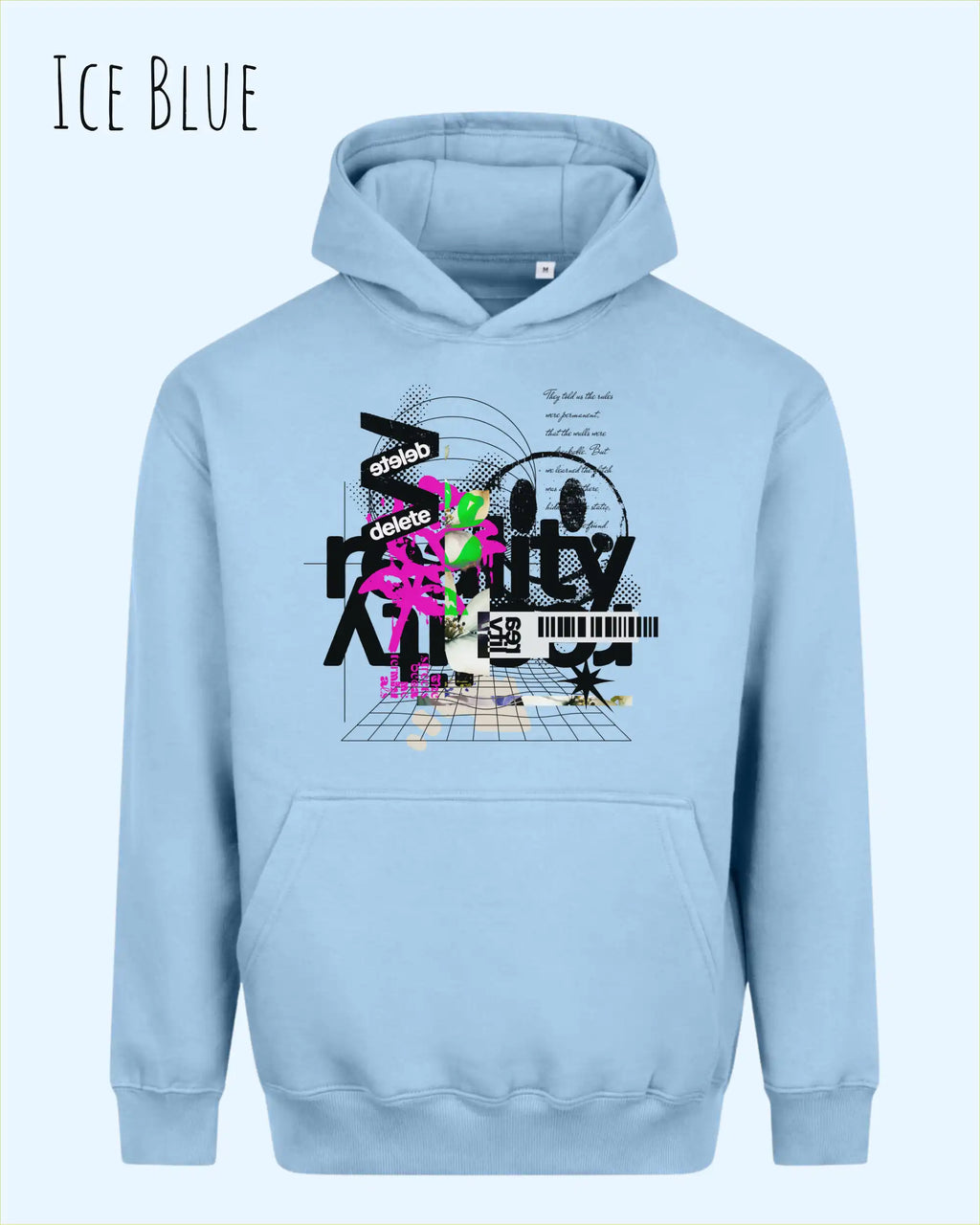 nisex streetwear hoodie ice blue im oversize fit mit design delete reality