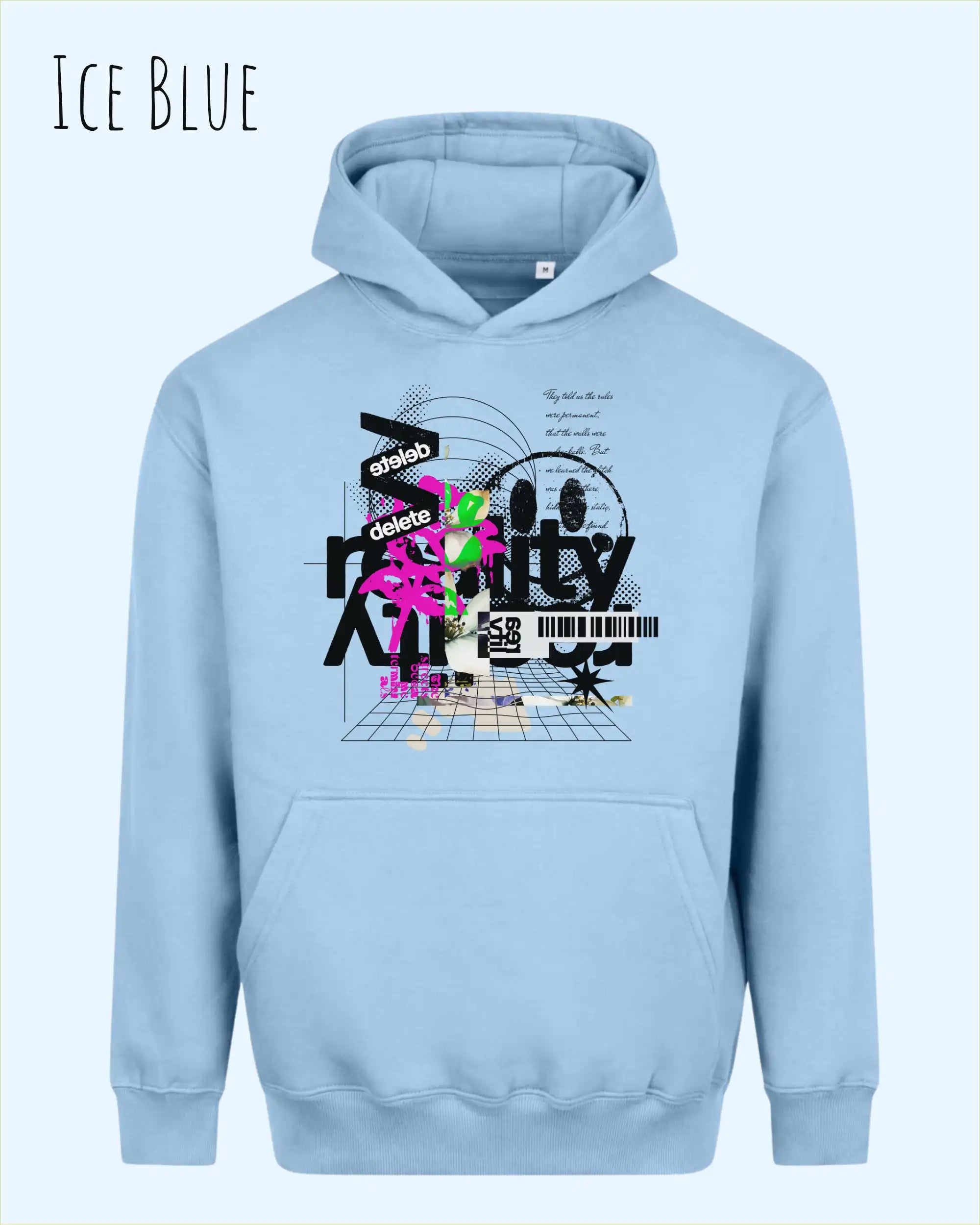 nisex streetwear hoodie ice blue im oversize fit mit design delete reality