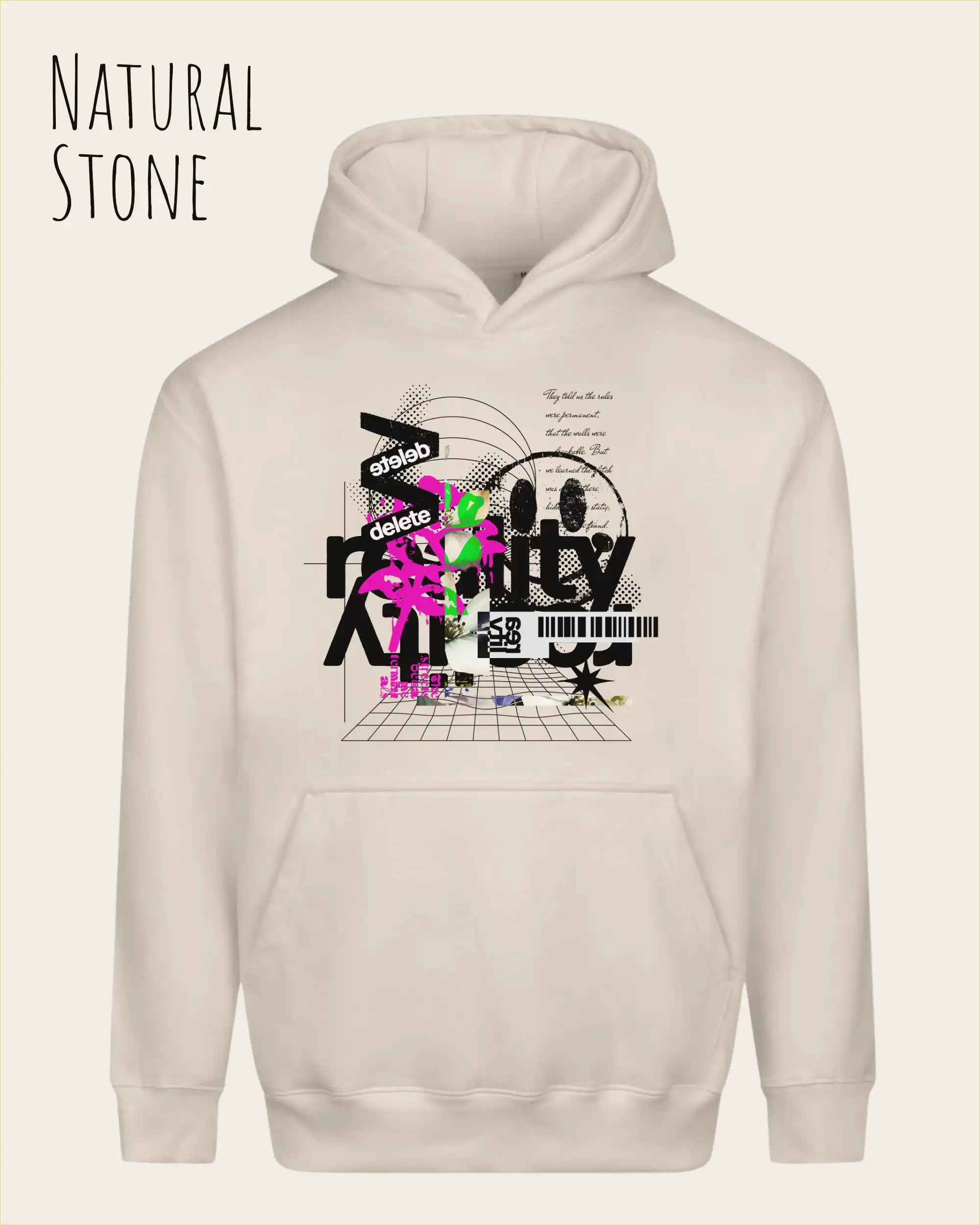 nisex streetwear hoodie natural stone im oversize fit mit design delete reality