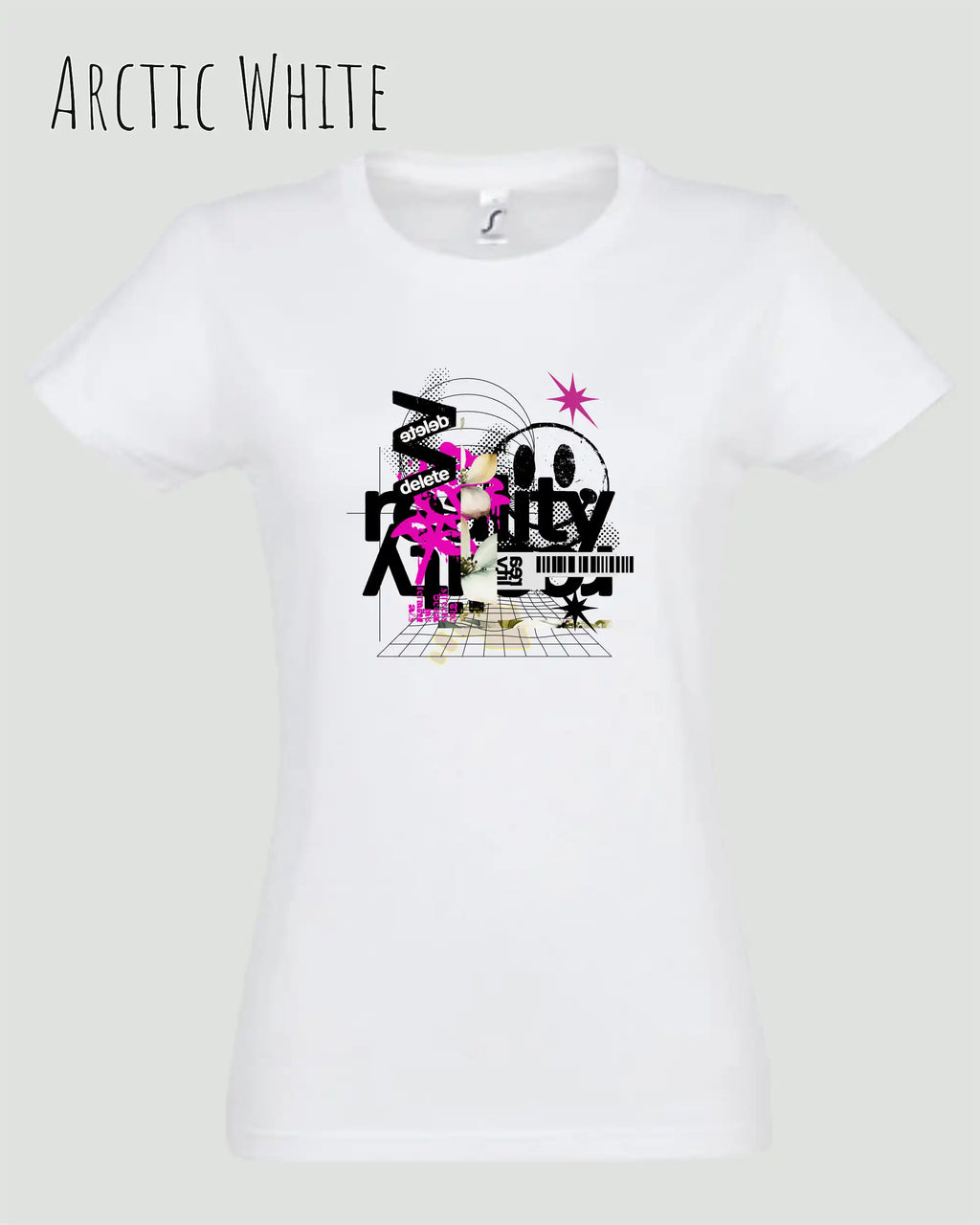 das bild zeigt das  Design-T-Shirt SOL’S Imperial Women 11502 in der Farbe arctic white mit dem Artwork Delete Reality.