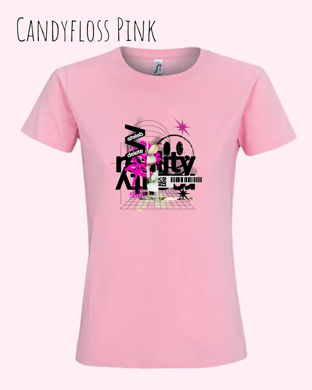 das bild zeigt das  Design-T-Shirt SOL’S Imperial Women 11502 in der Farbe candyfloss pink mit dem Artwork Delete Reality.