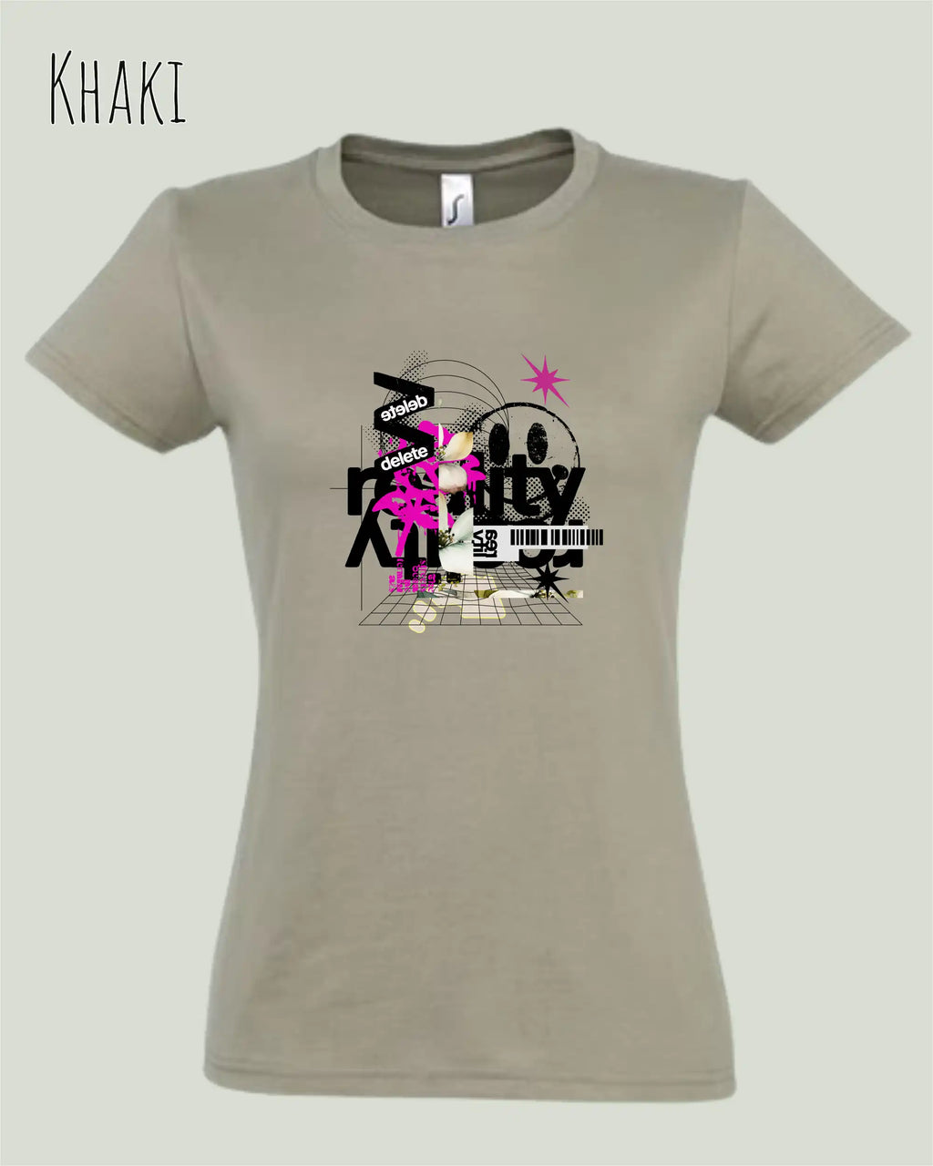 das bild zeigt das  Design-T-Shirt SOL’S Imperial Women 11502 in der Farbe khaki mit dem Artwork Delete Reality.