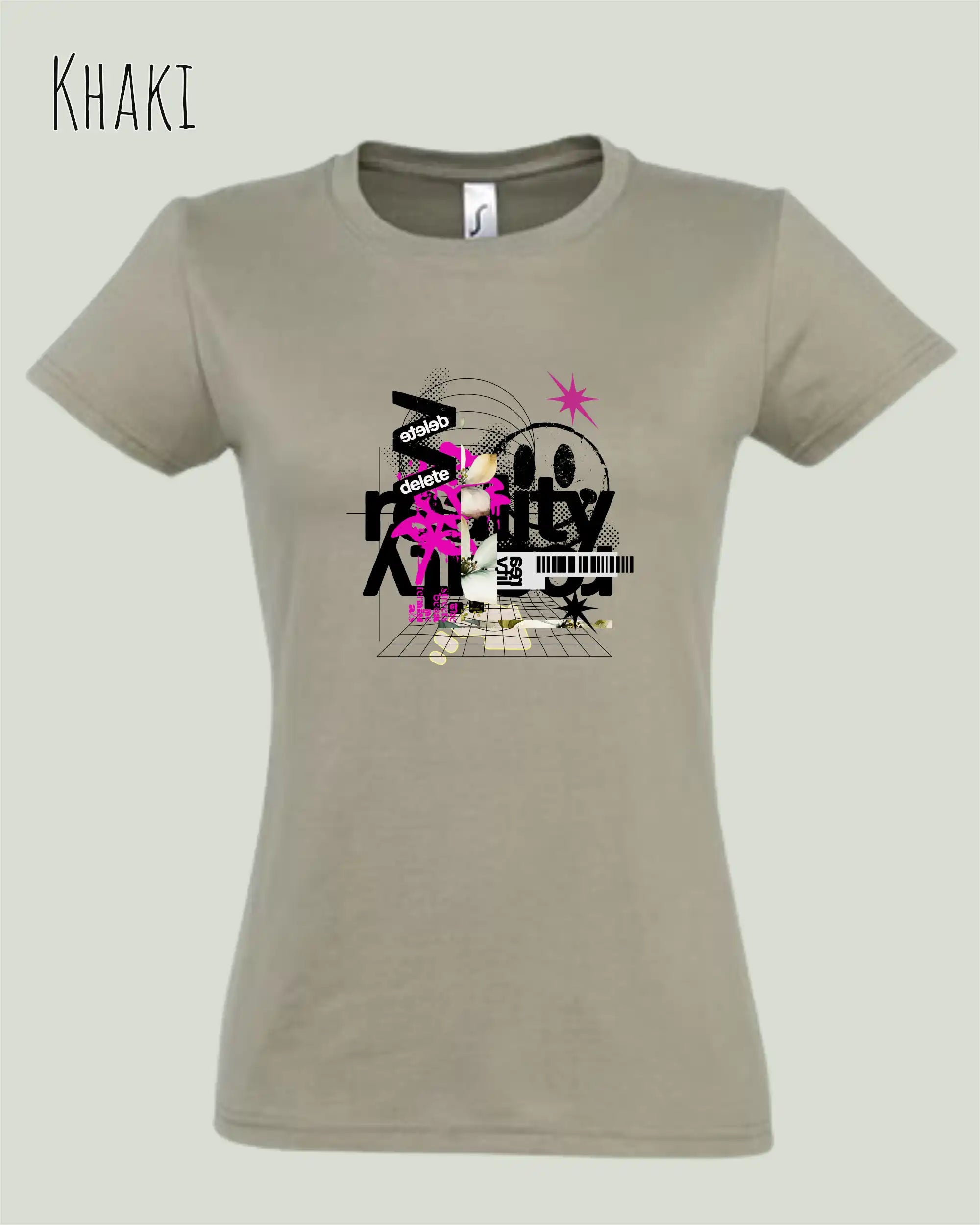 das bild zeigt das  Design-T-Shirt SOL’S Imperial Women 11502 in der Farbe khaki mit dem Artwork Delete Reality.