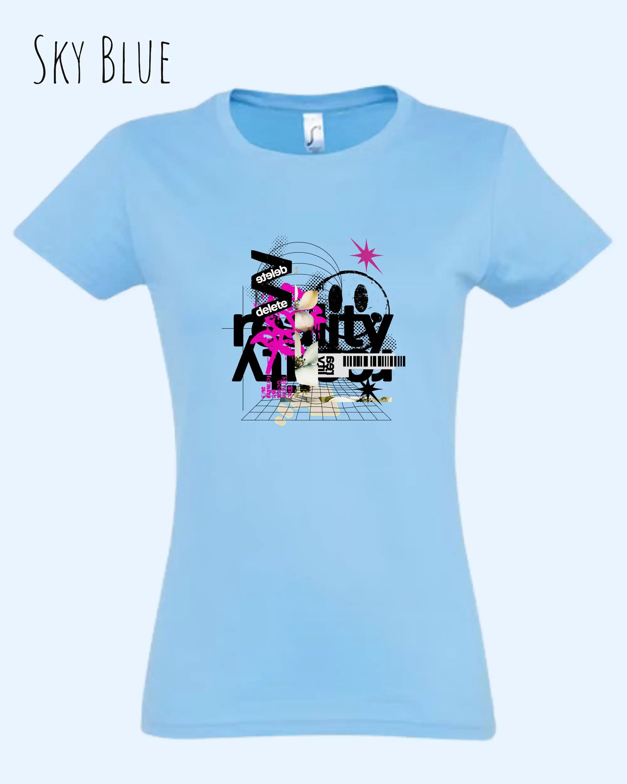 das bild zeigt das  Design-T-Shirt SOL’S Imperial Women 11502 in der Farbe sky blue mit dem Artwork Delete Reality.