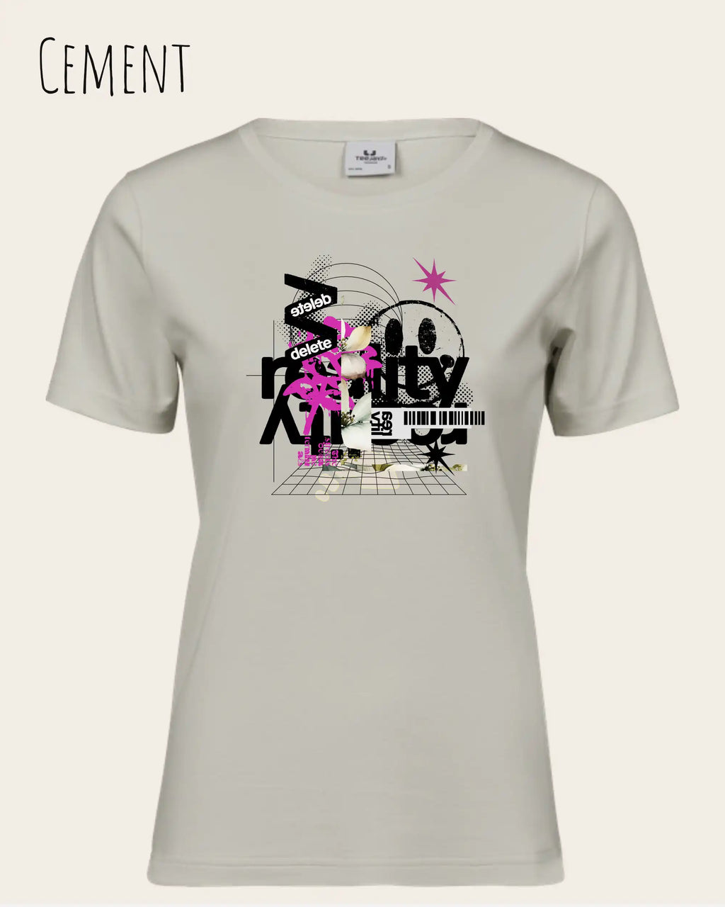 das bild zeigt das Tee Jays Women's Interlock Tee STYLE 580 in der farbe cement mit dem design delete reality,