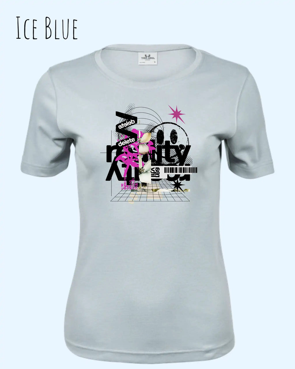 das bild zeigt das Tee Jays Women's Interlock Tee STYLE 580 in der farbe ice blue mit dem design delete reality,