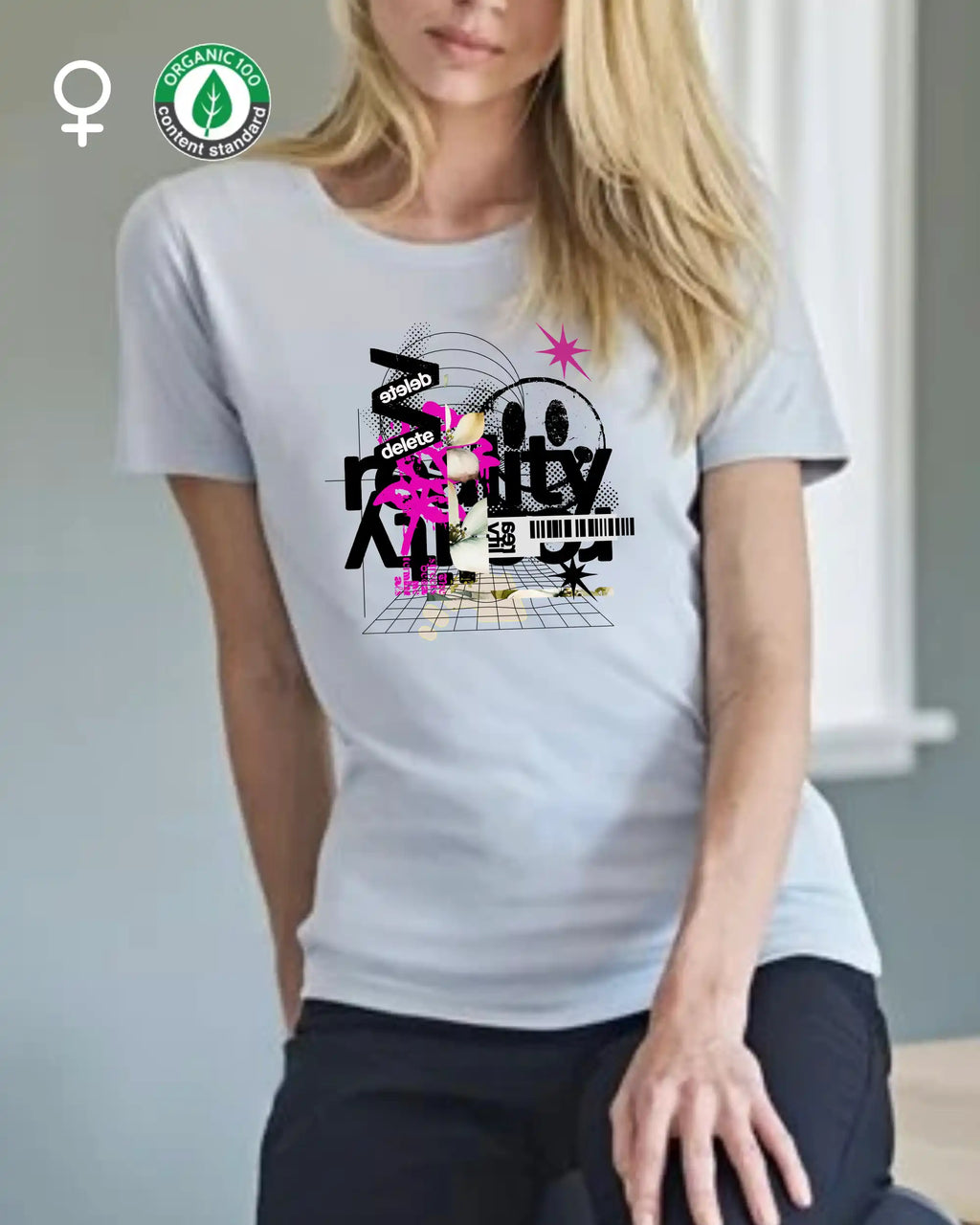 Eine blonde frau trägt ein nachhaltiges feminines design t-shirt mit der grafik "delete reality".