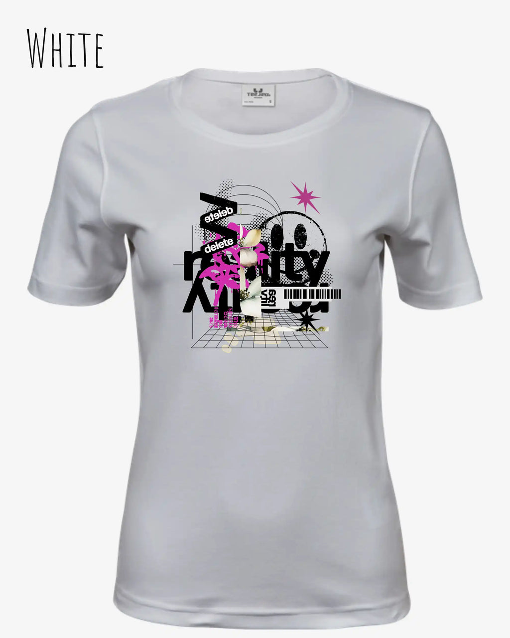 das bild zeigt das Tee Jays Women's Interlock Tee STYLE 580 in der farbe white mit dem design delete reality,