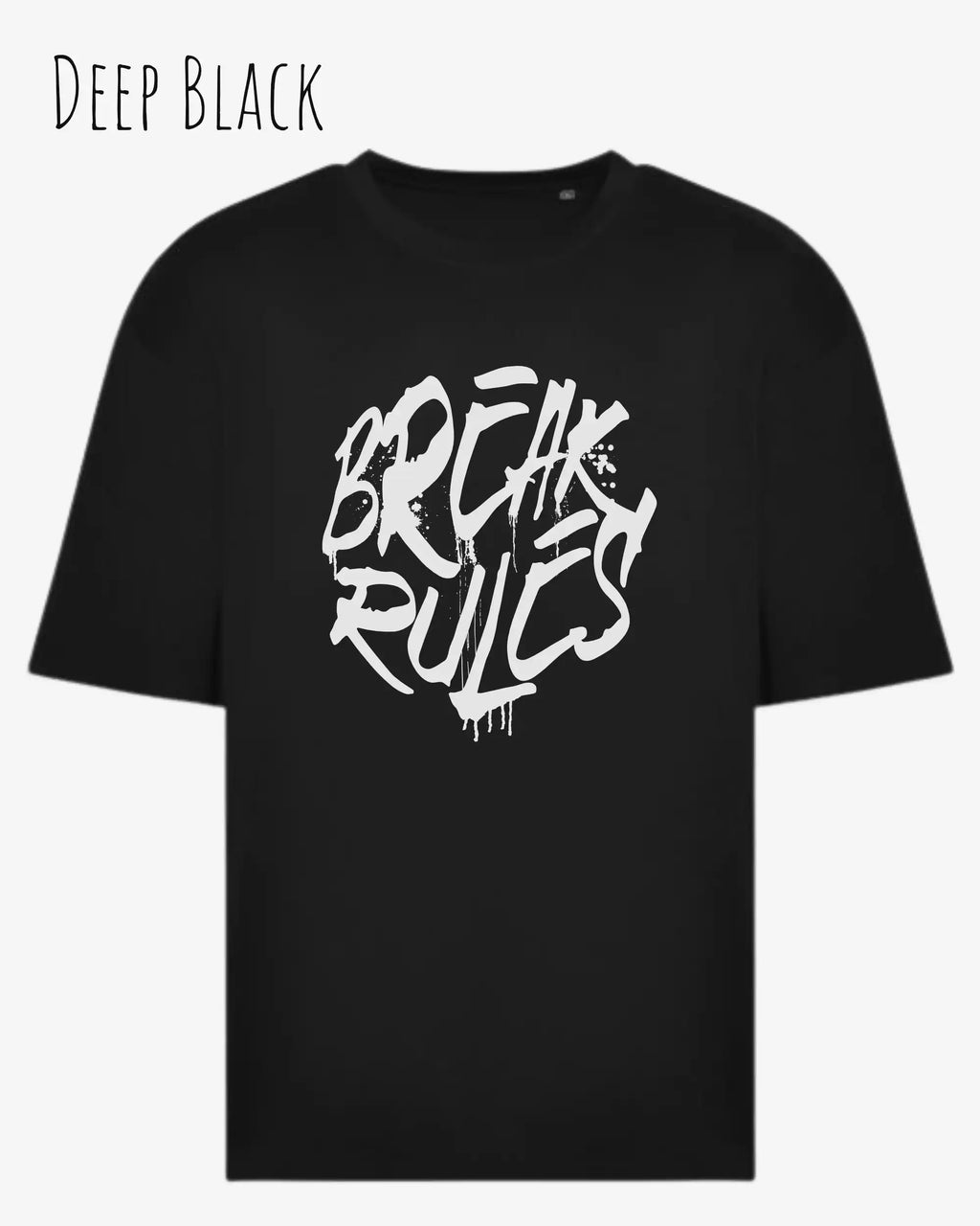 das bild zeigt ein oversized heavyweight design-t-shirt in der farbe deep black mit dem motiv break rules.