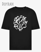 das bild zeigt ein oversized heavyweight design-t-shirt in der farbe deep black mit dem motiv break rules.
