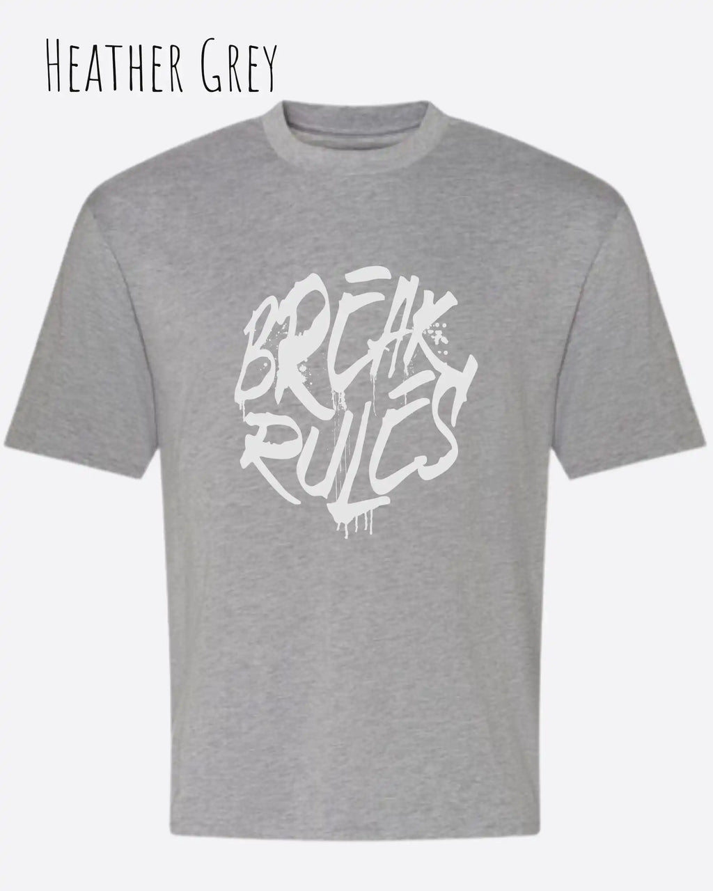 das bild zeigt ein oversized heavyweight design-t-shirt in der farbe heather grey mit dem motiv break rules.