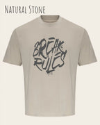 das bild zeigt ein oversized heavyweight design-t-shirt in der farbe natural stone mit dem motiv break rules.