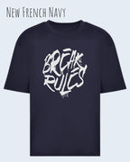 das bild zeigt ein oversized heavyweight design-t-shirt in der farbe new french navy mit dem motiv break rules.