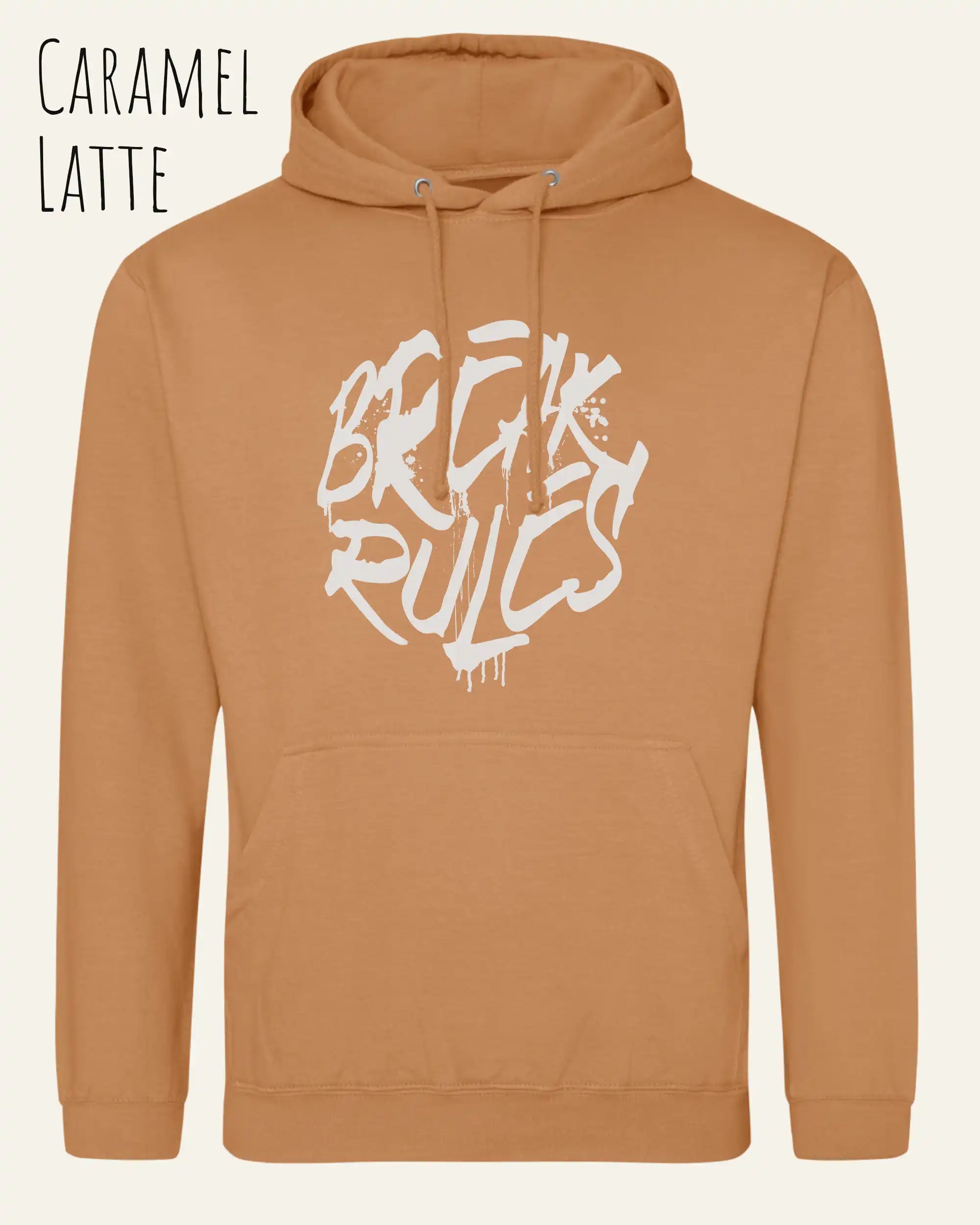 unisex basic hoodie caramel latte aus weicher baumwollmischung mit break rules design