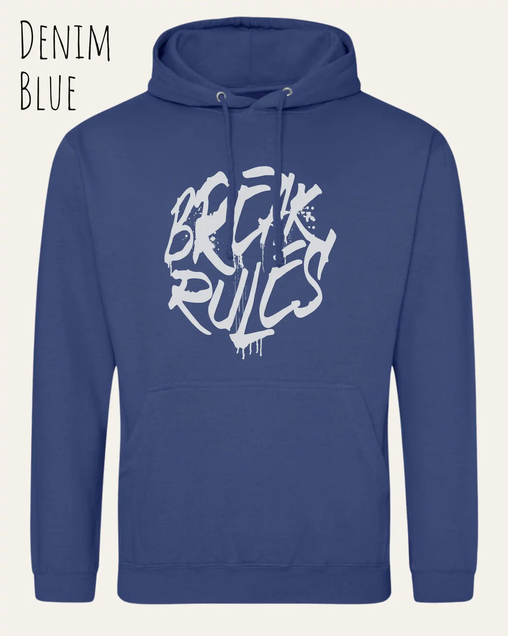 unisex basic hoodie denim blue aus weicher baumwollmischung mit break rules design