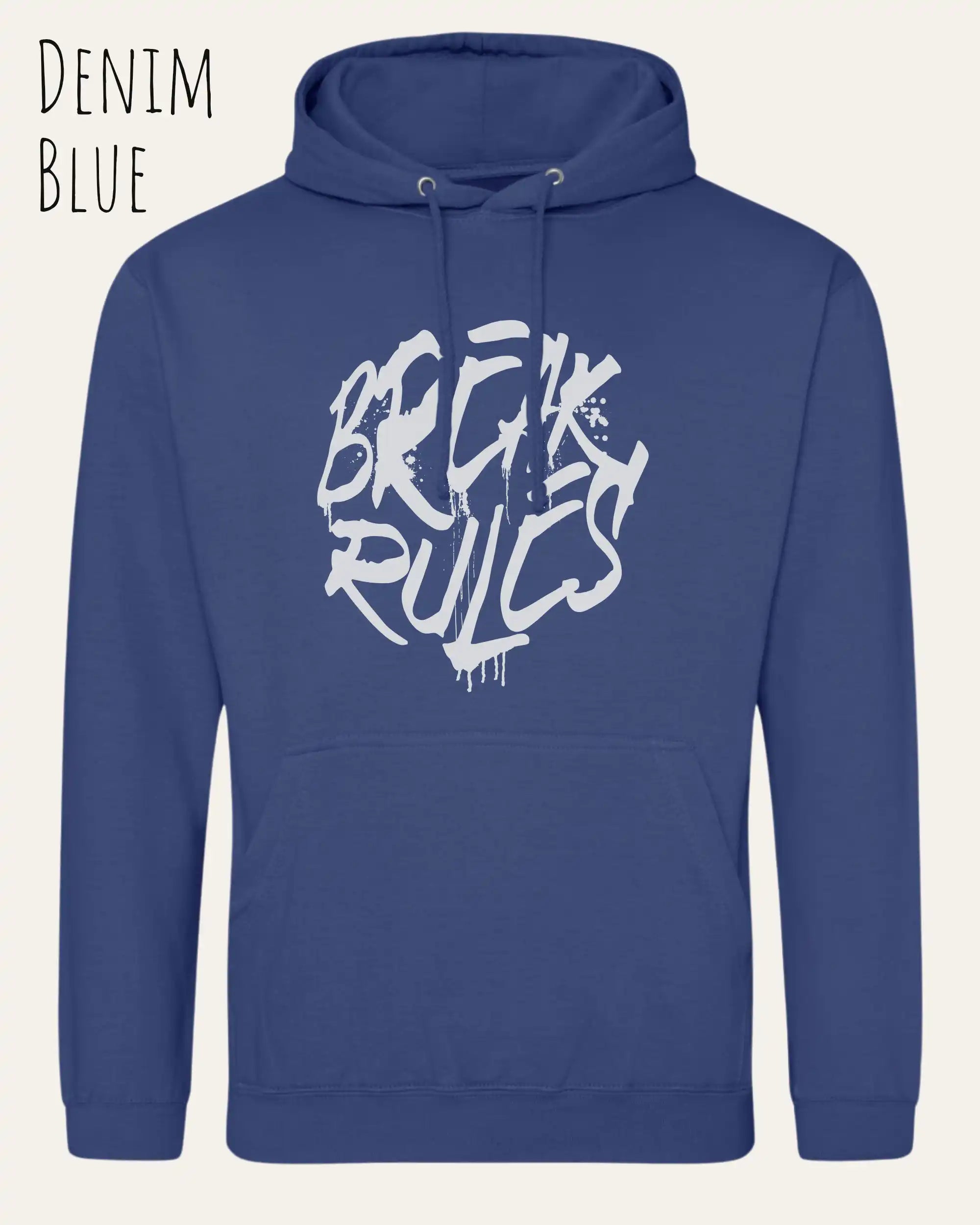 unisex basic hoodie denim blue aus weicher baumwollmischung mit break rules design