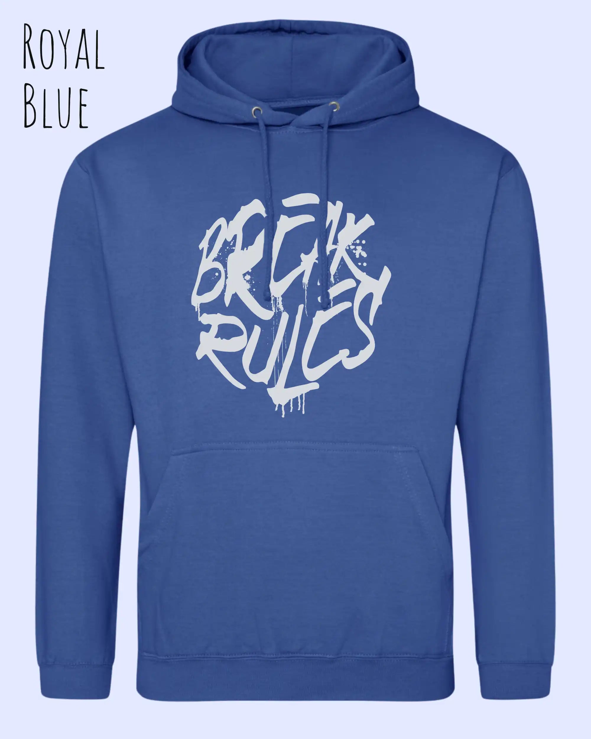 unisex basic hoodie royal blue aus weicher baumwollmischung mit break rules design