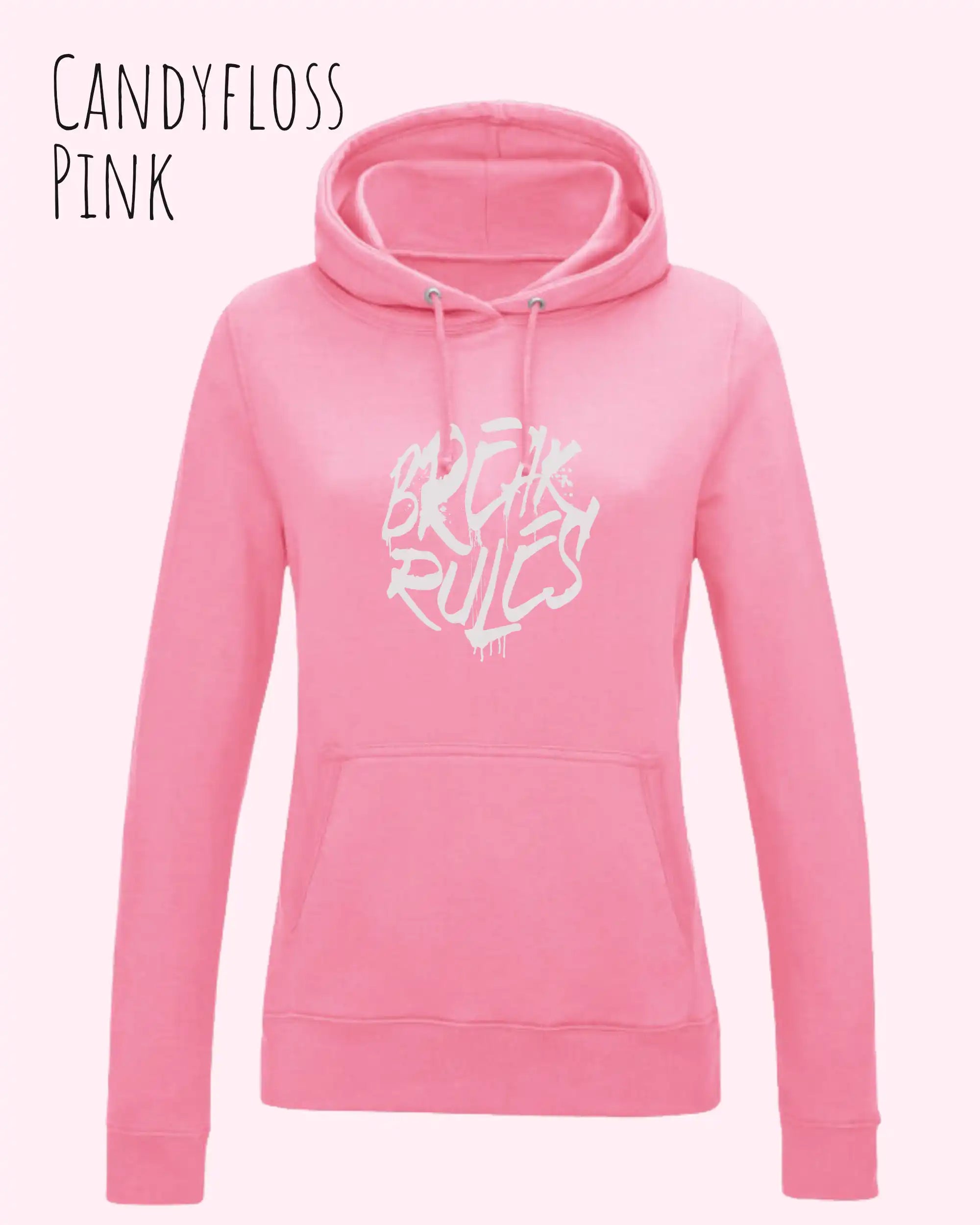 damen hoodie candyfloss pink im feminine fit aus weicher baumwollmischung mit design break rules
