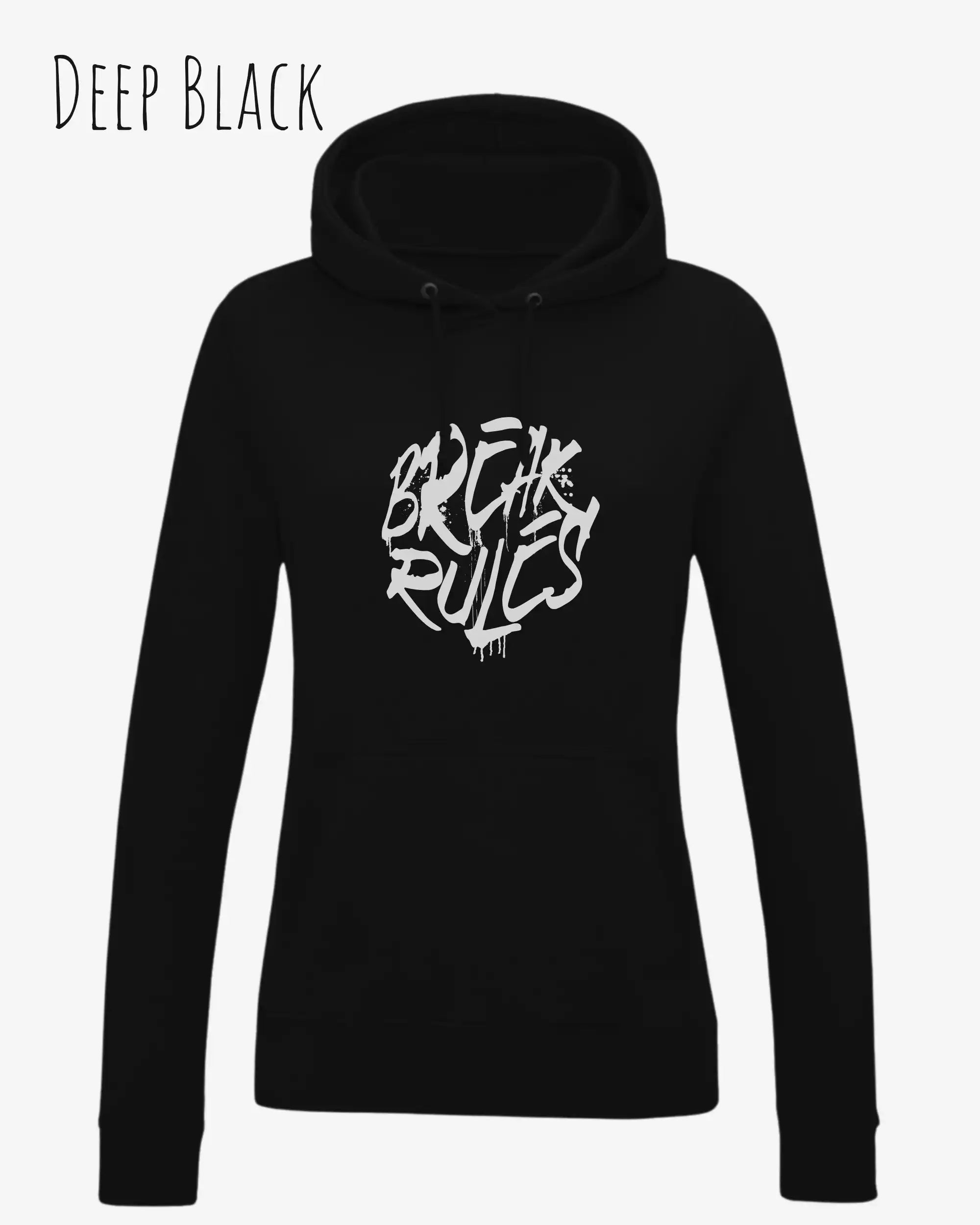 damen hoodie deep black im feminine fit aus weicher baumwollmischung mit design break rules